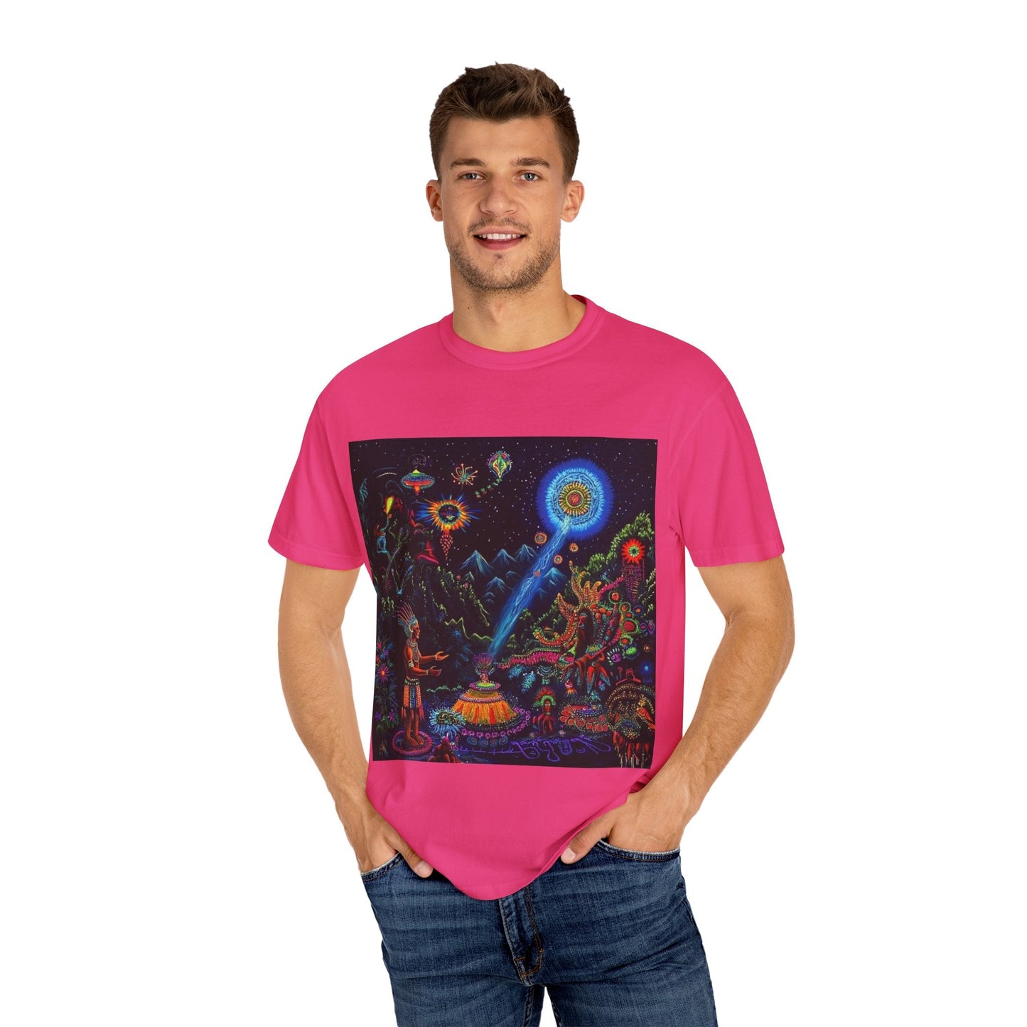 Mystical Universe Unisex Garment-Dyed T-Shirt | Cosmic Art Tee for Festival Lovers