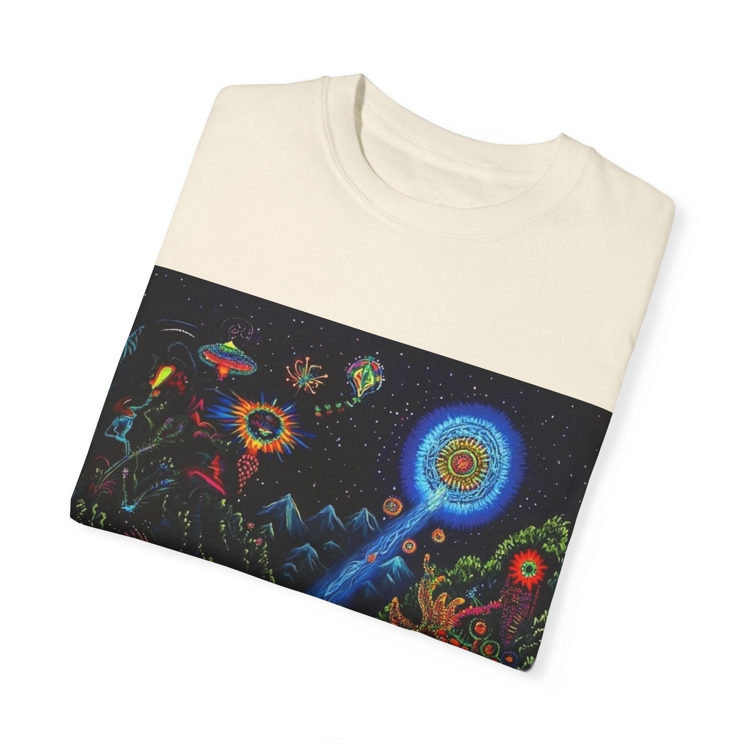 Mystical Universe Unisex Garment-Dyed T-Shirt | Cosmic Art Tee for Festival Lovers