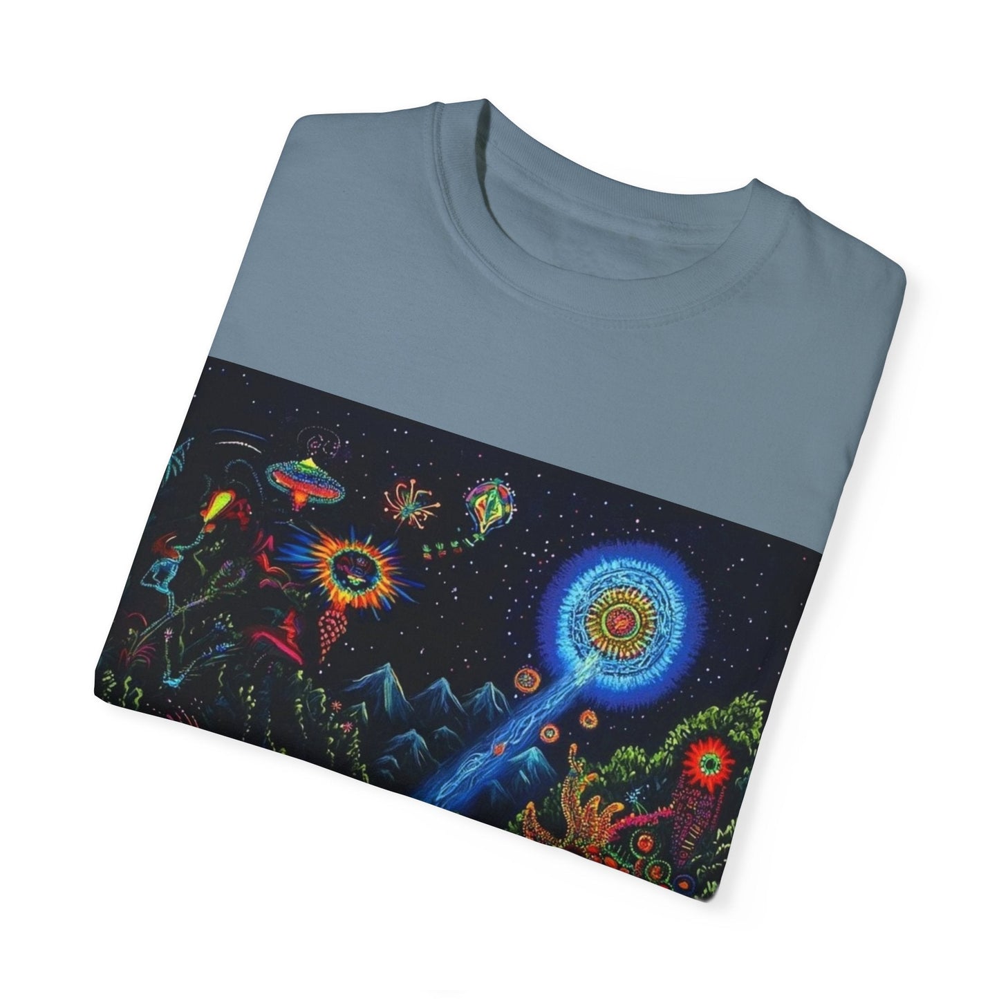 Mystical Universe Unisex Garment-Dyed T-Shirt | Cosmic Art Tee for Festival Lovers