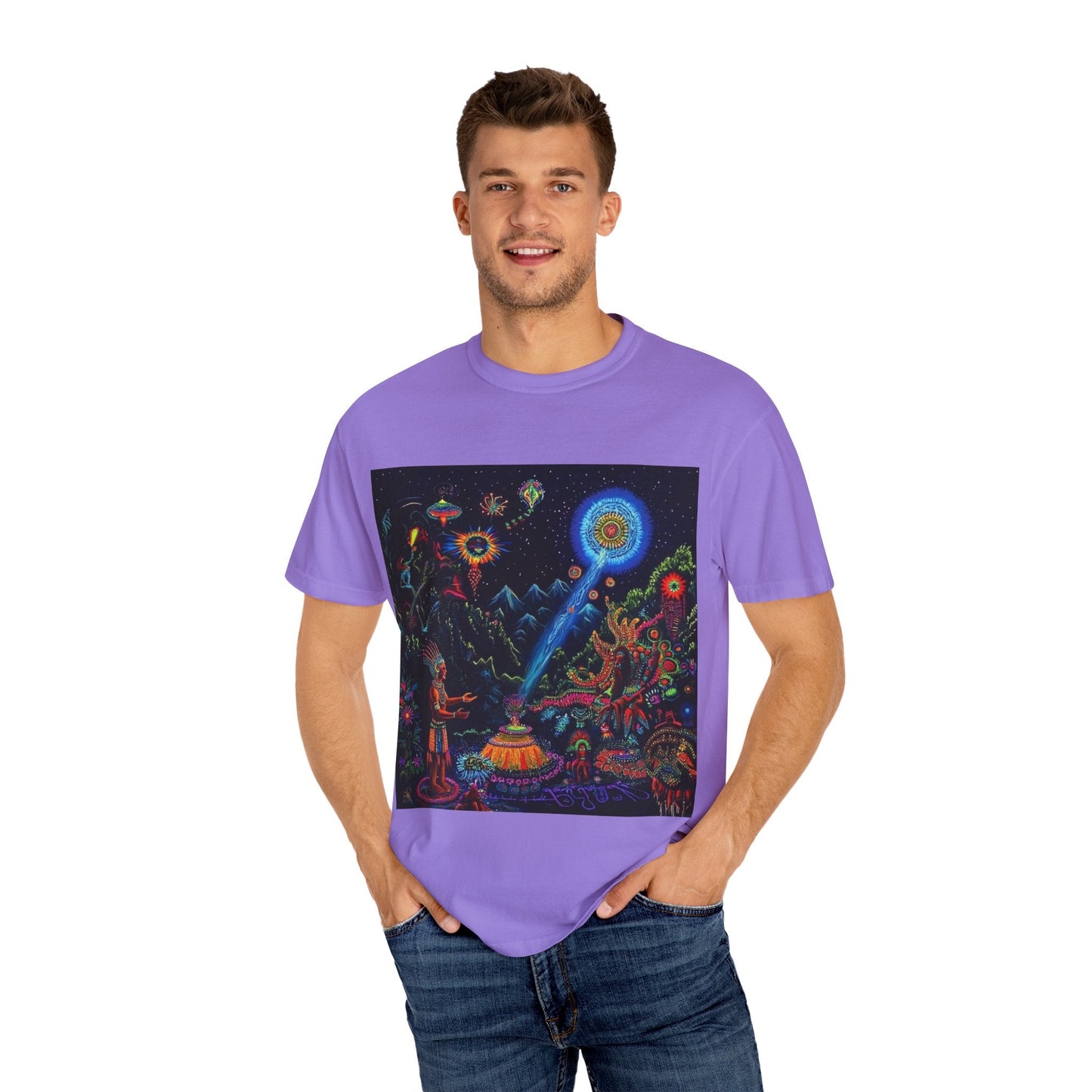 Mystical Universe Unisex Garment-Dyed T-Shirt | Cosmic Art Tee for Festival Lovers
