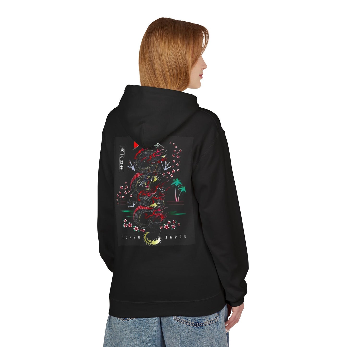 Tokyo Japan Dragon Design Fleece Hoodie - Unisex Midweight Sweatshirt