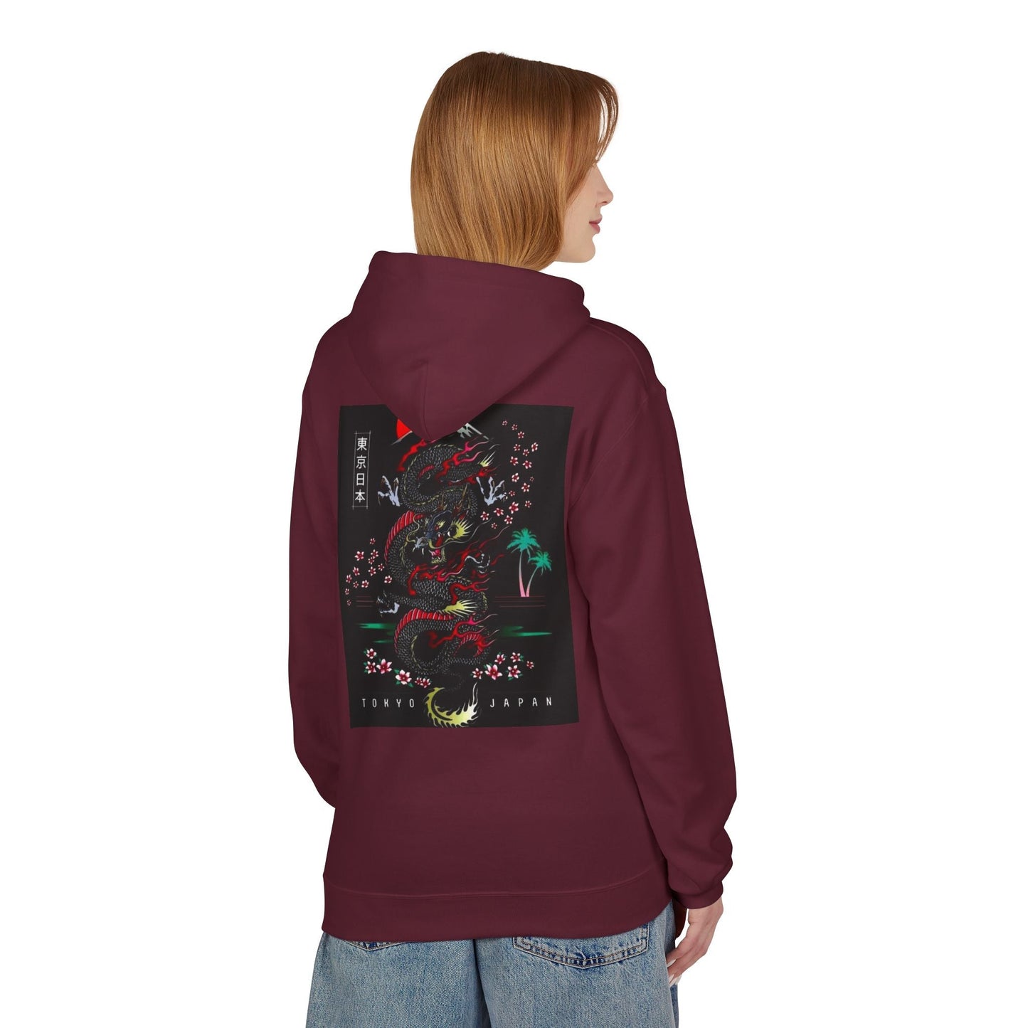 Tokyo Japan Dragon Design Fleece Hoodie - Unisex Midweight Sweatshirt