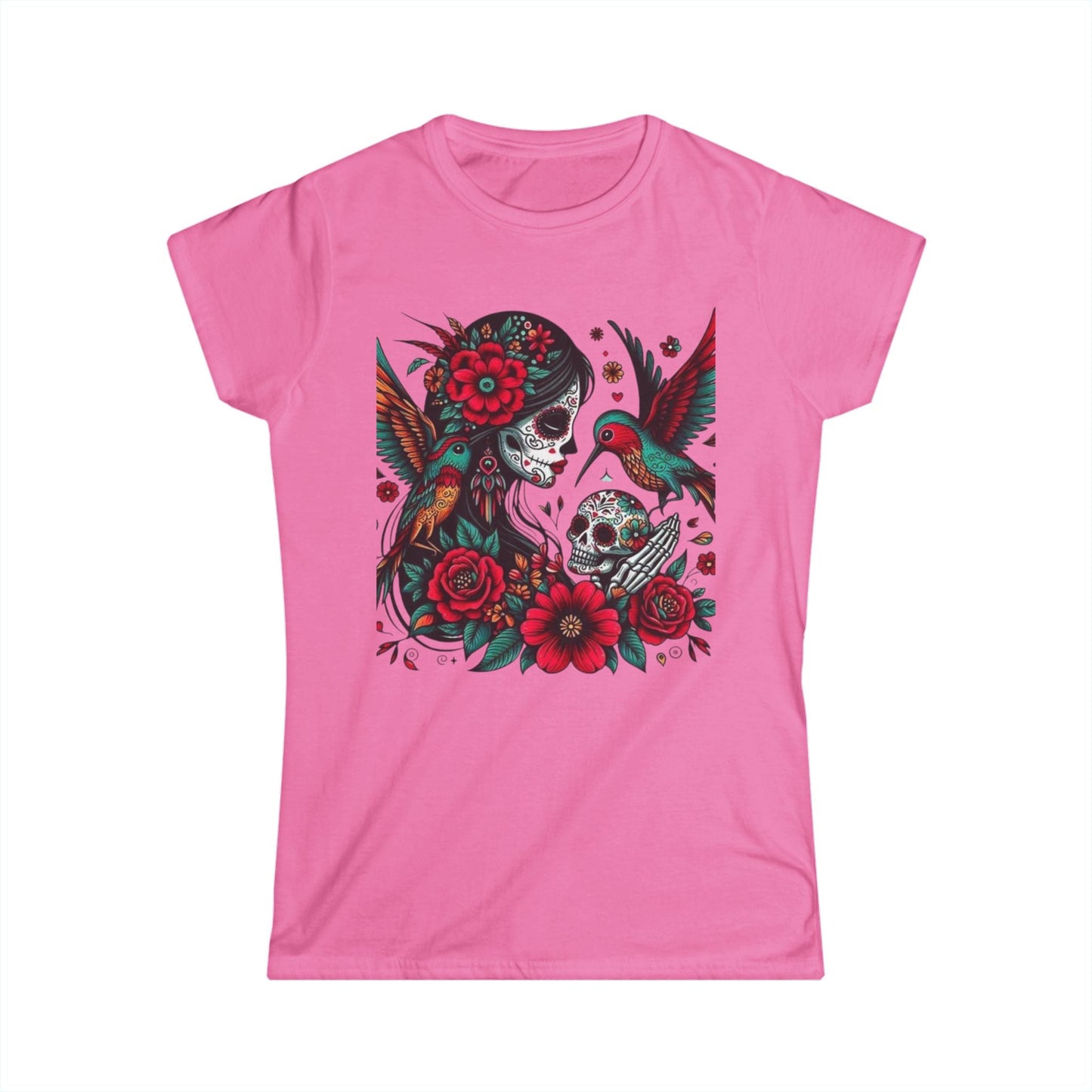 Vibrant Skull & Hummingbird Women's Softstyle Tee