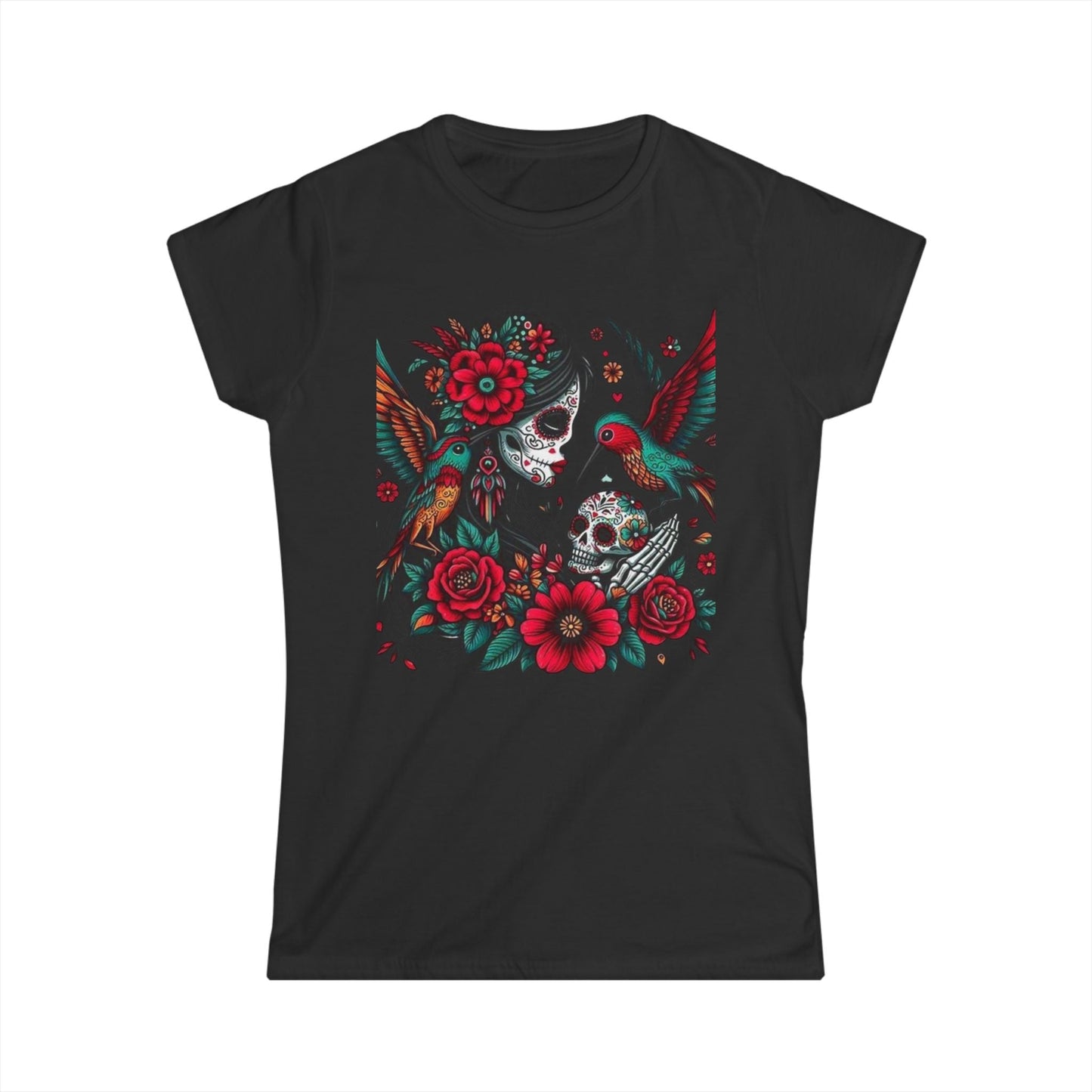 Vibrant Skull & Hummingbird Women's Softstyle Tee