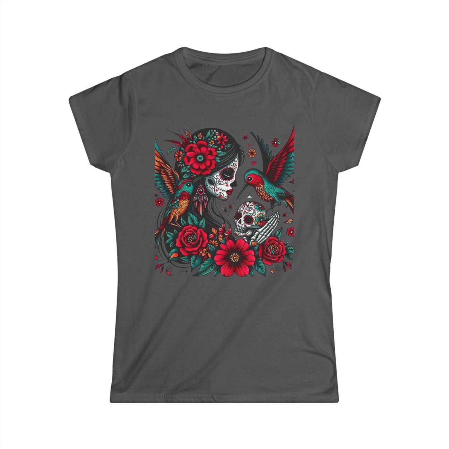Vibrant Skull & Hummingbird Women's Softstyle Tee