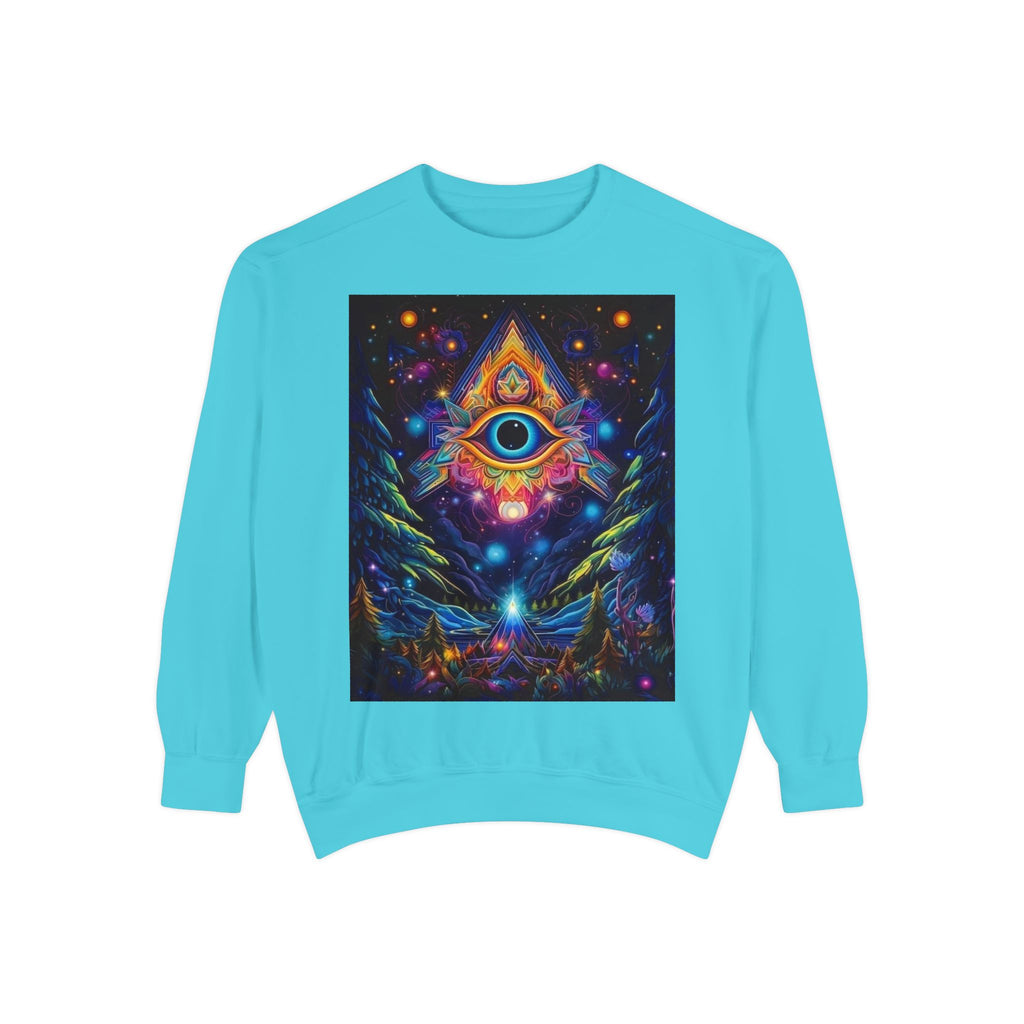 Cosmic Eye Unisex Garment-Dyed Sweatshirt, Psychedelic Sweatshirt, Spiritual Apparel, Gift for Nature Lovers, Festival Clothing, Comfortable