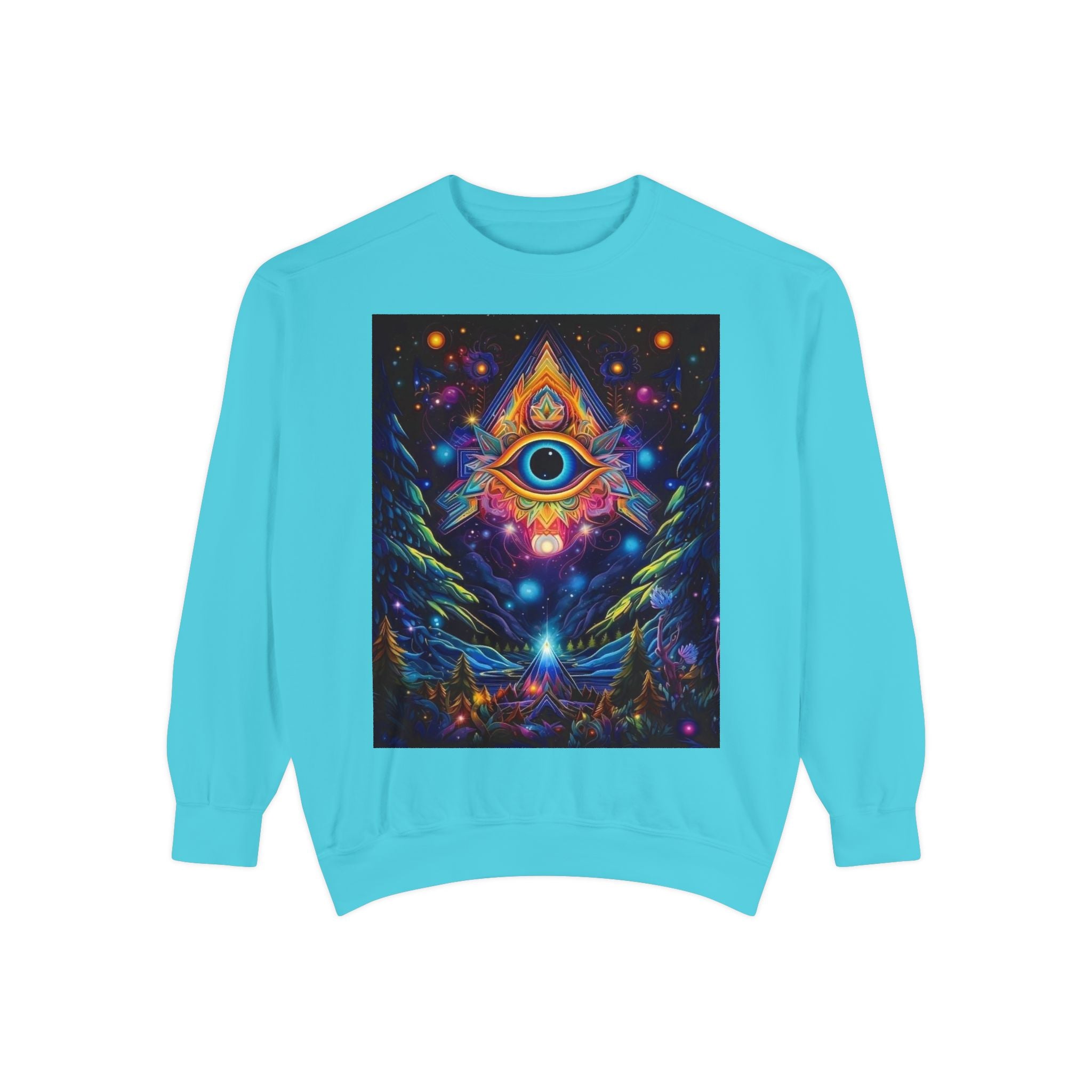 Cosmic Eye Unisex Garment-Dyed Sweatshirt, Psychedelic Sweatshirt, Spiritual Apparel, Gift for Nature Lovers, Festival Clothing, Comfortable
