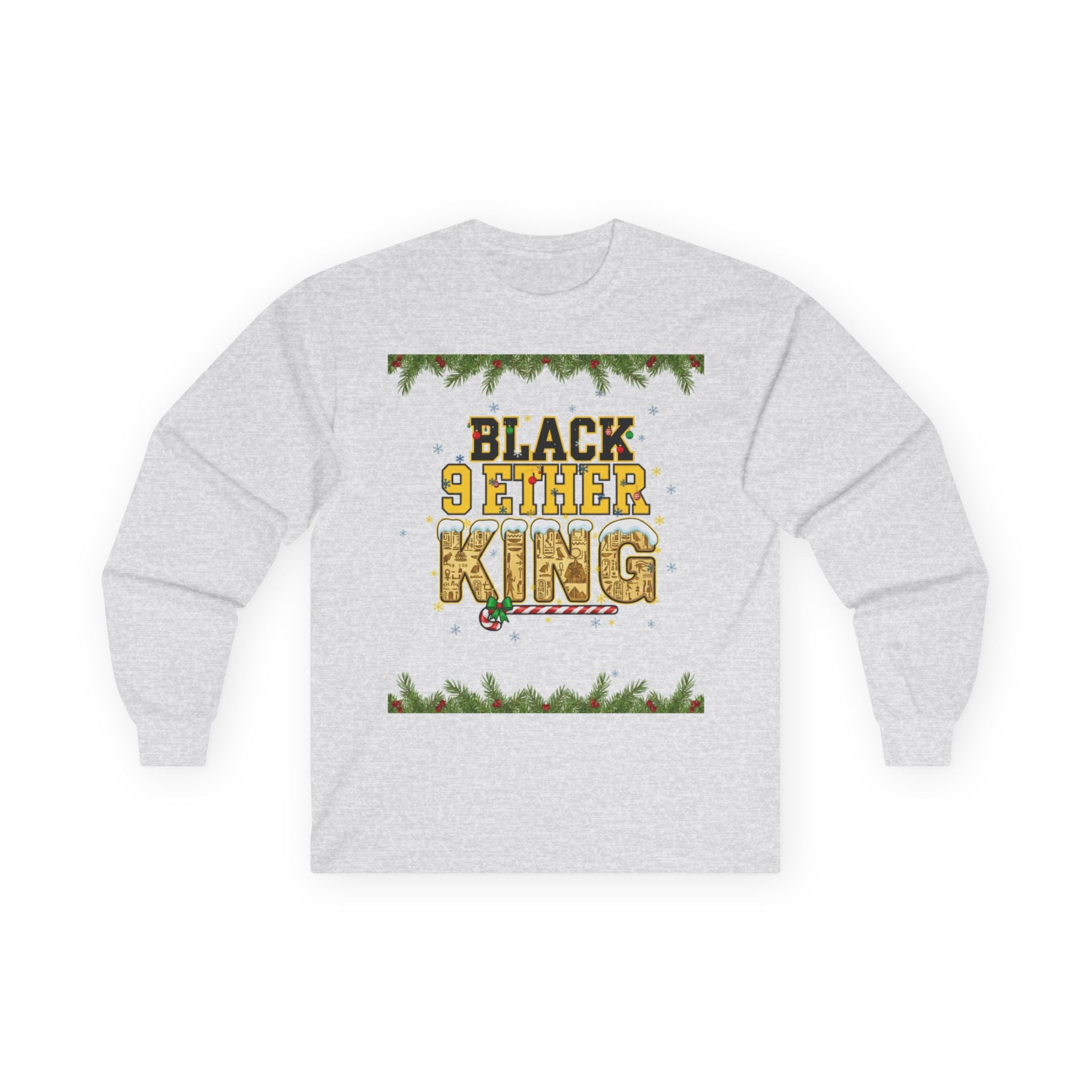 Long Sleeve Tee — "Black 9ether King" Holiday Graphic with Pine Garland