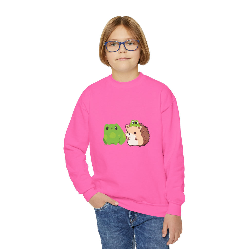 Cute Animal Friends Youth Crewneck Sweatshirt, Adorable Frog and Hedgehog Design, Perfect Gift for Kids, Fun Casual Wear, Birthday and