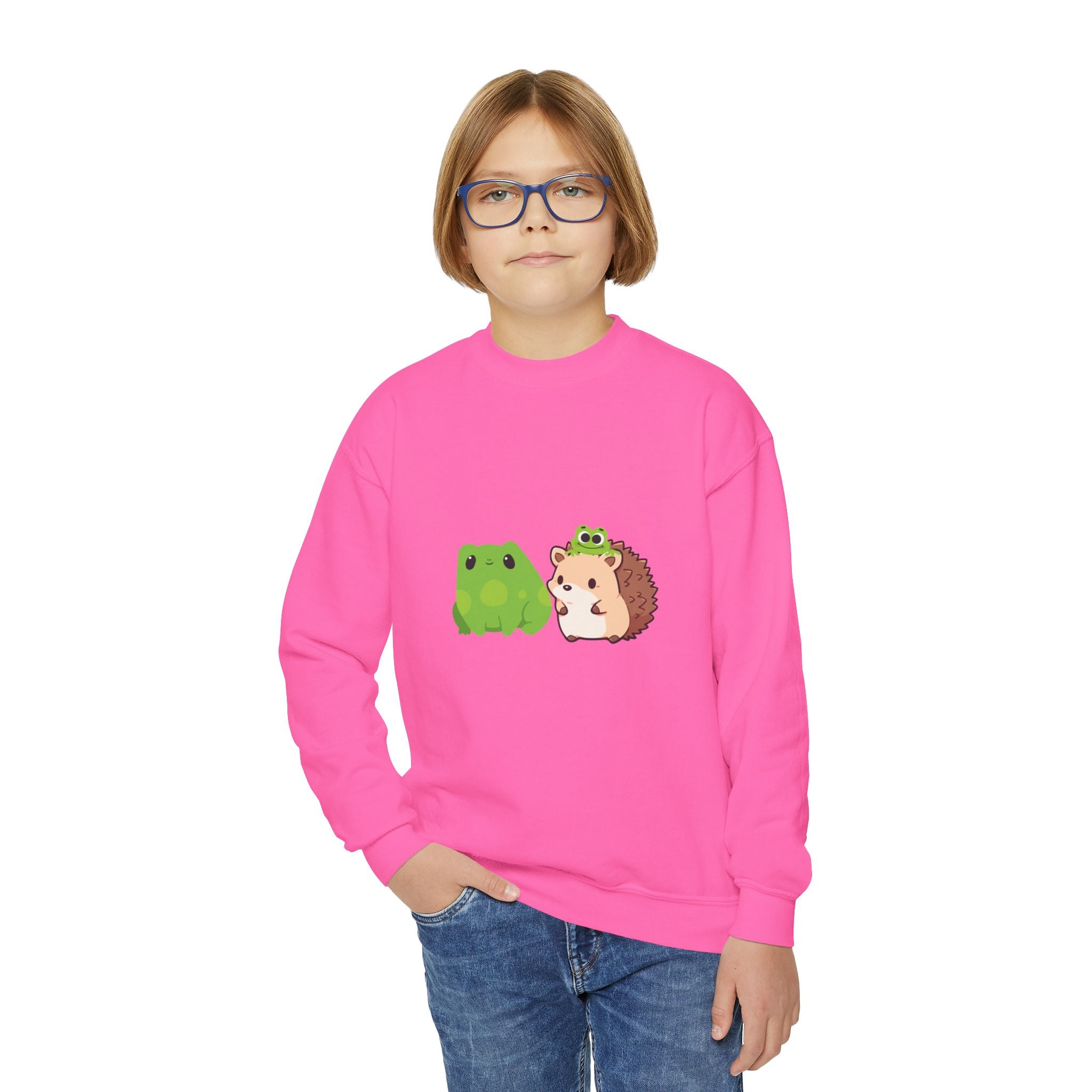 Cute Animal Friends Youth Crewneck Sweatshirt, Adorable Frog and Hedgehog Design, Perfect Gift for Kids, Fun Casual Wear, Birthday and