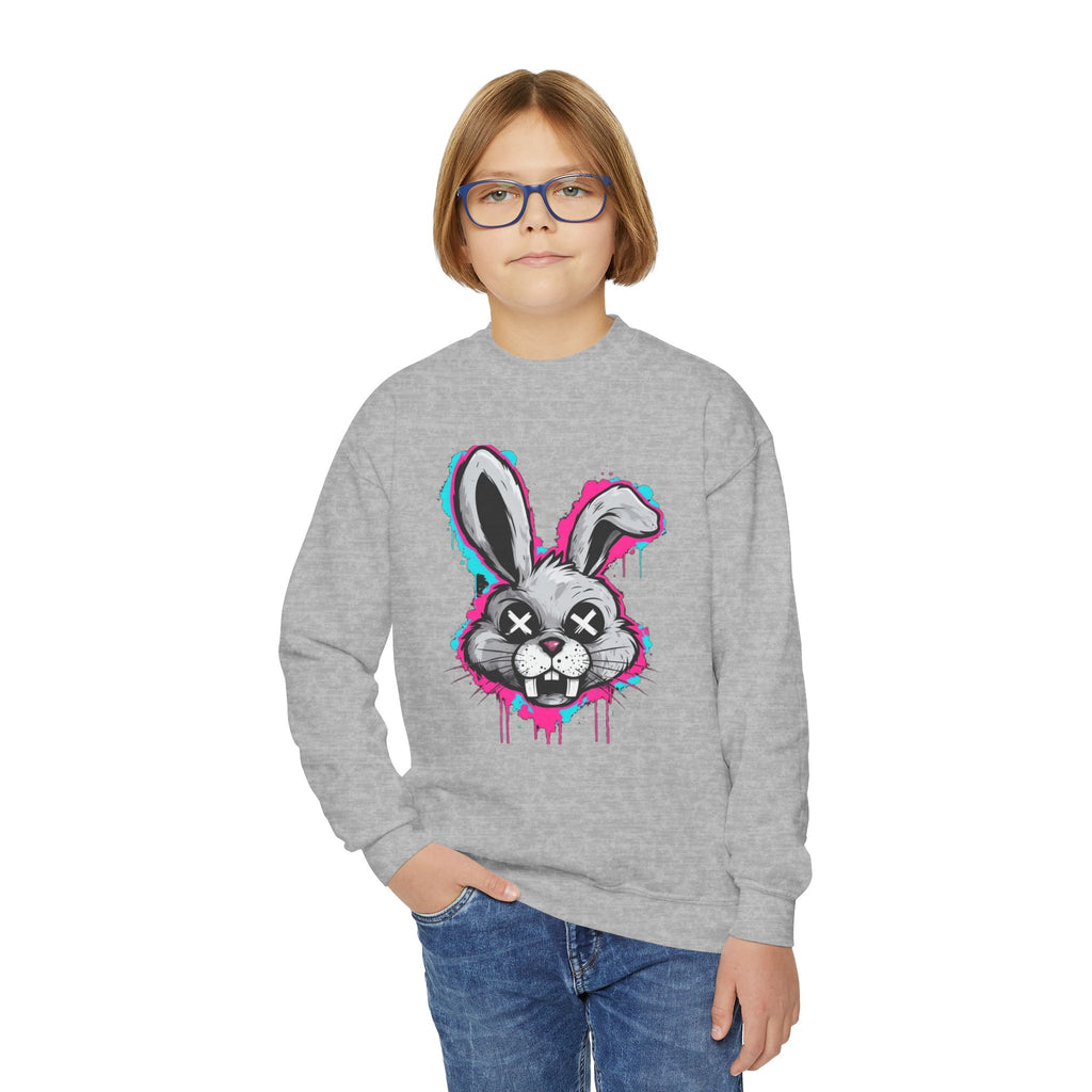 Cool Graffiti Bunny Youth Sweatshirt, Hipster Crewneck, Street Art Apparel, Gift for Kids, Fun Casual Wear, Comfy and Stylish