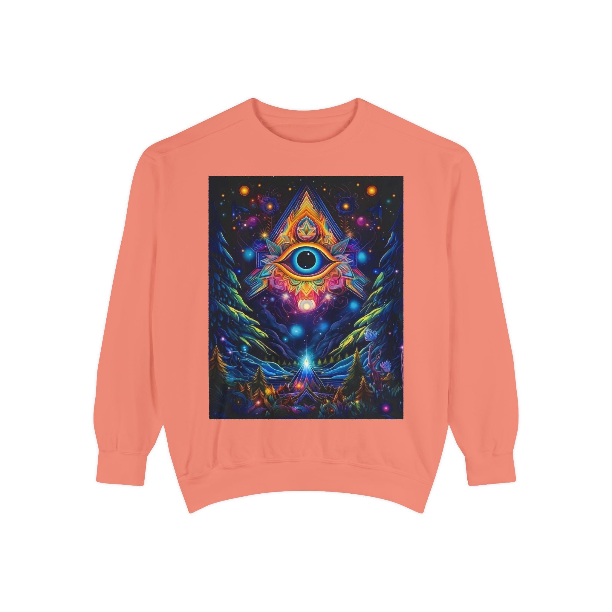Cosmic Eye Unisex Garment-Dyed Sweatshirt, Psychedelic Sweatshirt, Spiritual Apparel, Gift for Nature Lovers, Festival Clothing, Comfortable