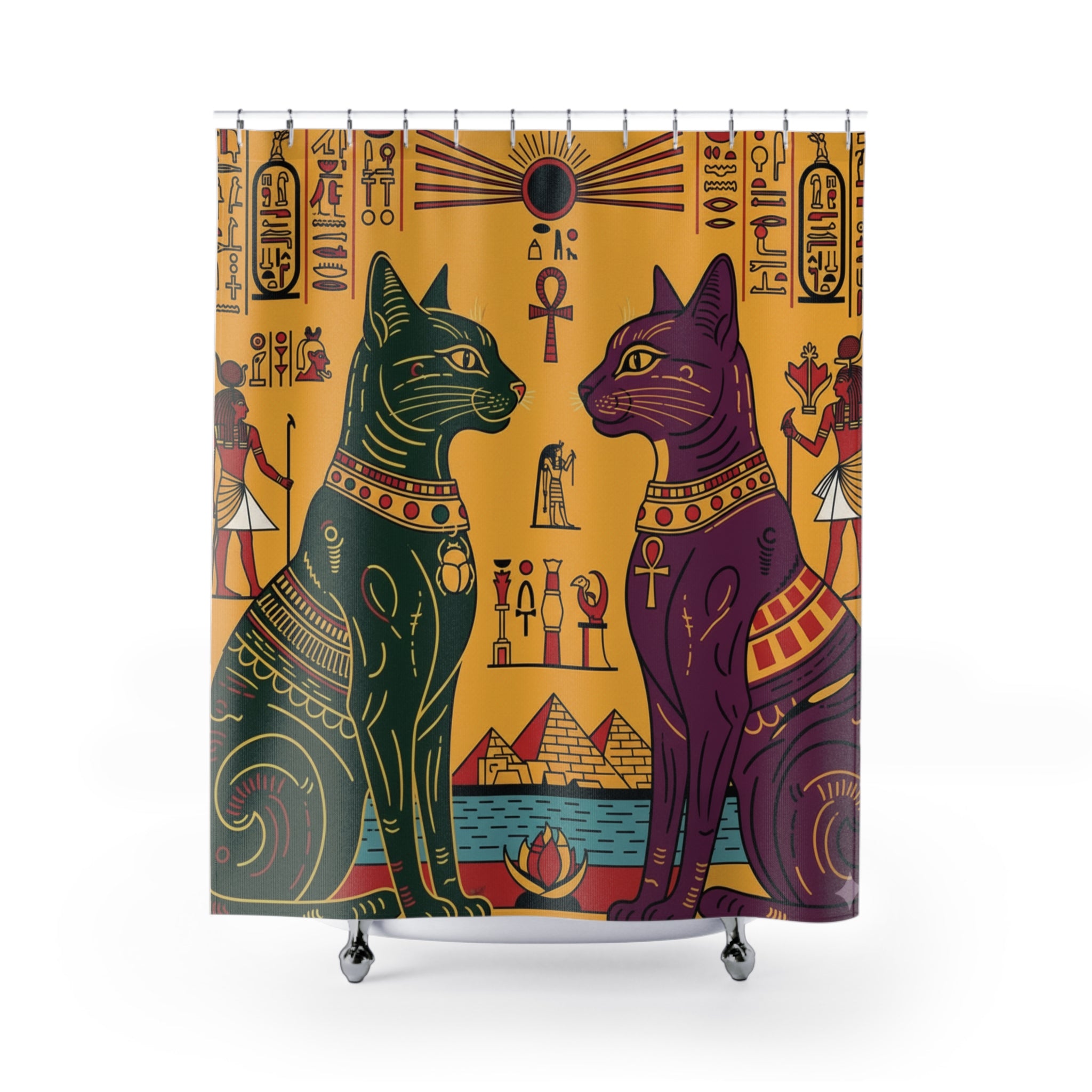 Egyptian Cats Shower Curtain, Boho Bathroom Decor, Unique Gift for Cat Lovers, Colorful Home Accent, Ancient Egyptian Style