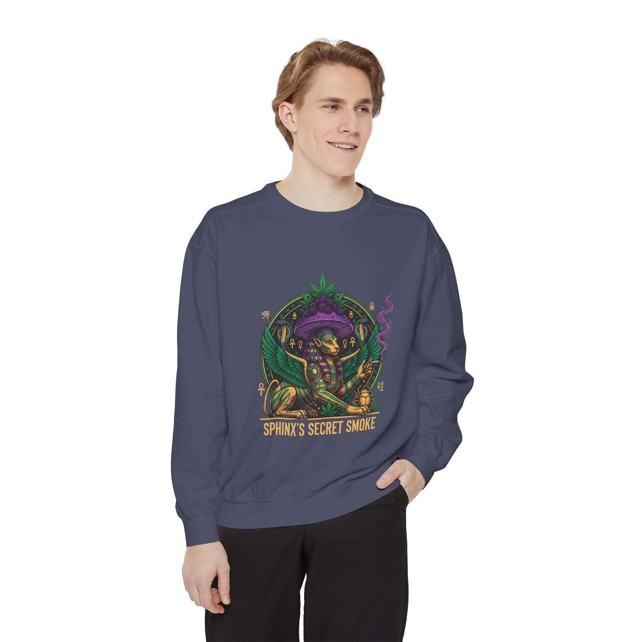 Sphinx's Secret Smoke Sweatshirt — Mystical Egyptian Sphinx Graphic Crewneck