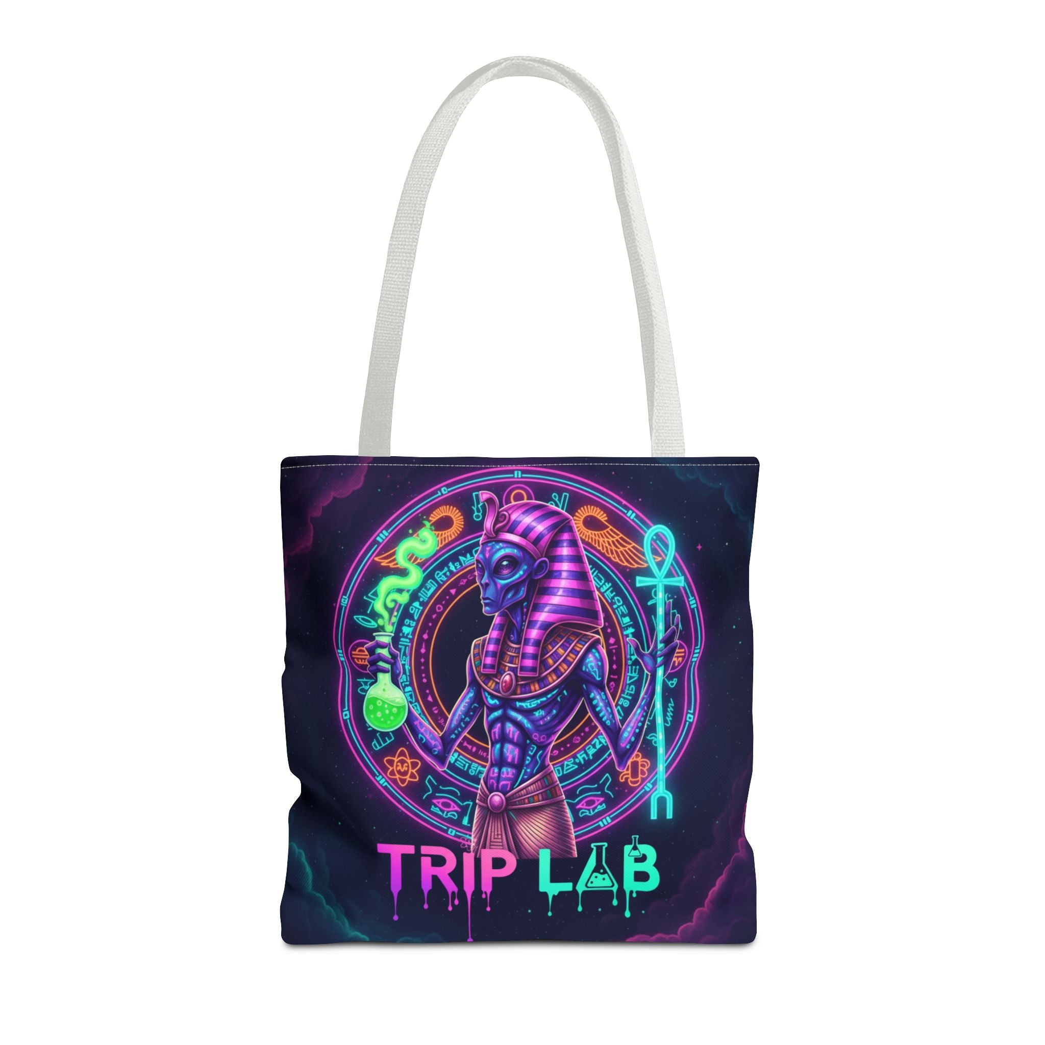 Psychedelic Trip Lab Tote Bag — Neon Ancient-Egypt Anubis All-Over Print