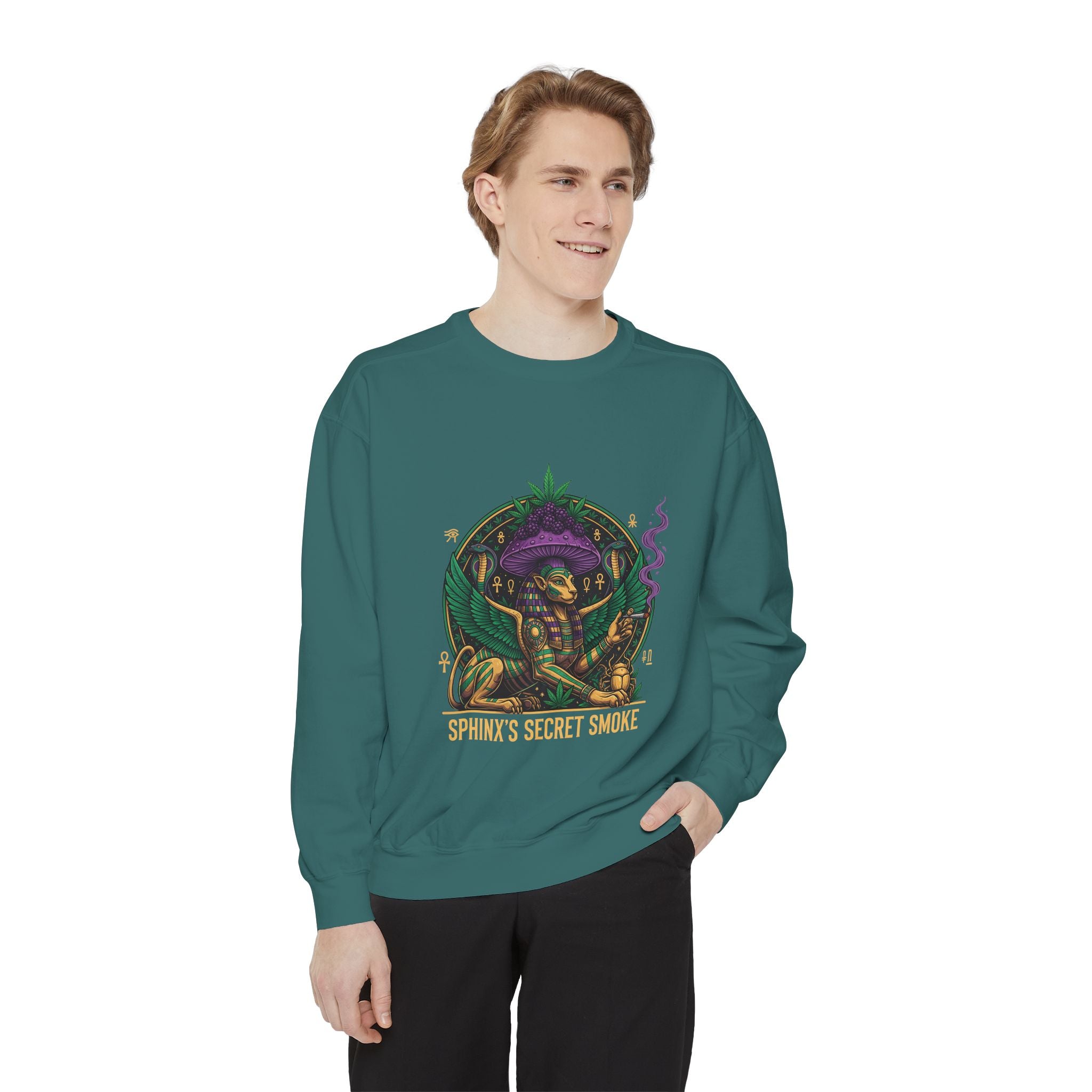 Sphinx's Secret Smoke Sweatshirt — Mystical Egyptian Sphinx Graphic Crewneck