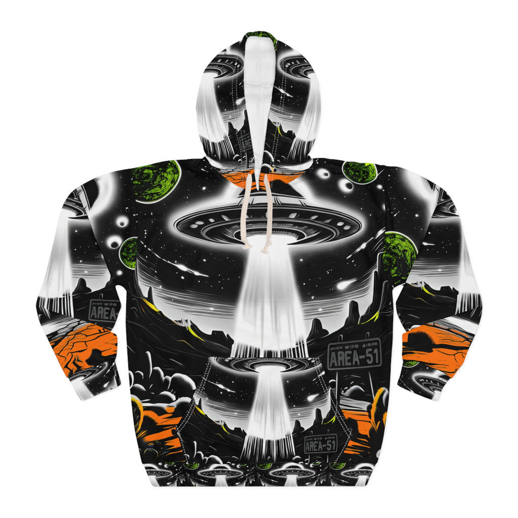Cosmic Alien Print Hoodie, Unisex Pullover, Area 51 Design, Fun Gift for Space Lovers, Unique Outer Space Apparel, Perfect for Sci-Fi Fans