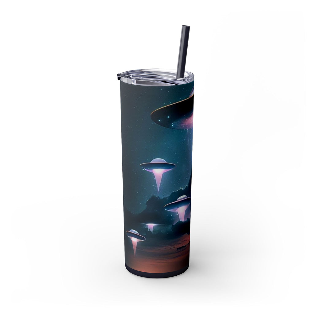 Cosmic Alien Skinny Tumbler with Straw, 20oz | Space Drinkware, Gift for Sci-Fi Lovers, Unique Cup for Outdoor Events, UFO Enthusiasts