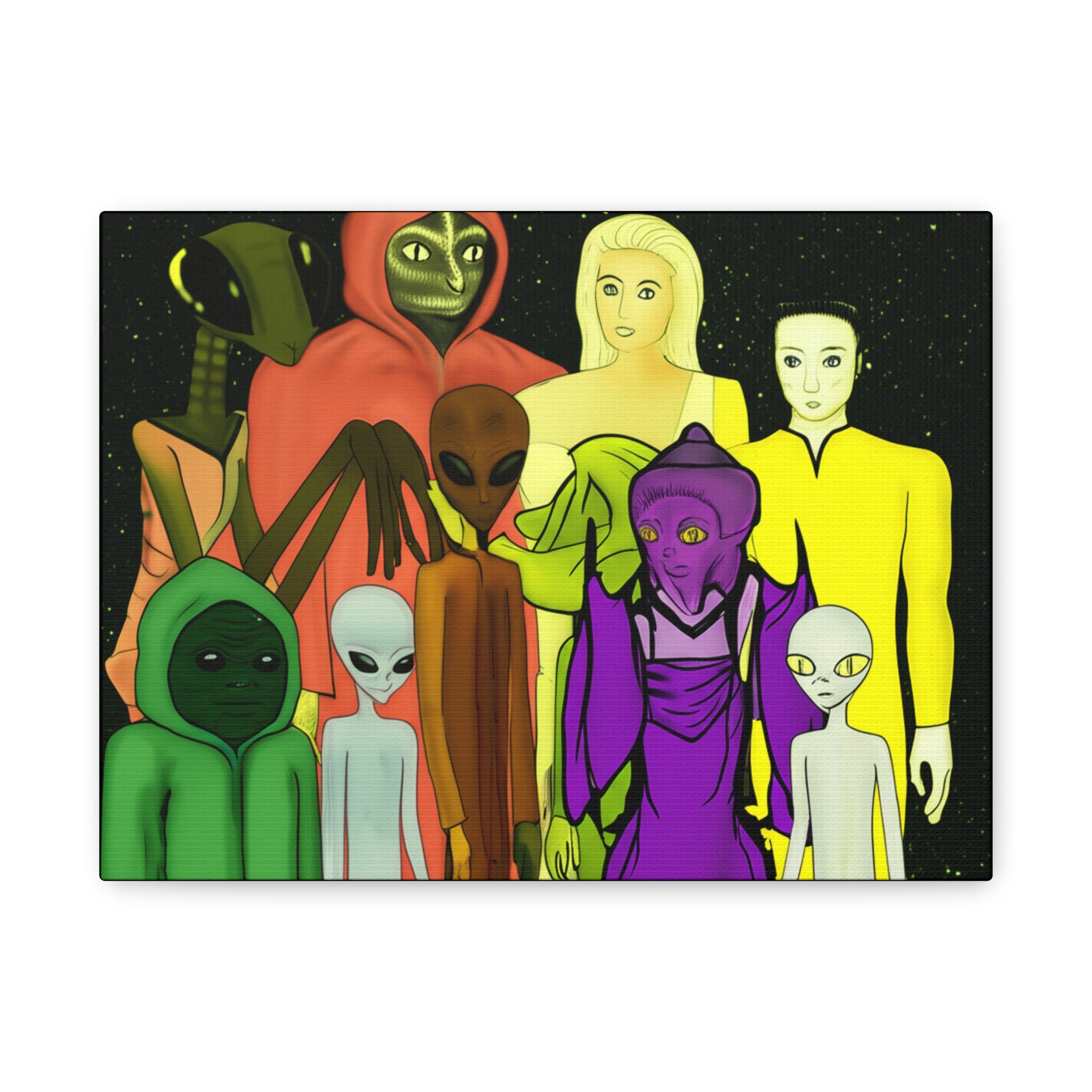 Alien Friends Canvas Art, Cosmic Wall Decor, Unique Home Gift, Sci-Fi Wall Hanging, Whimsical Art for UFO Lovers