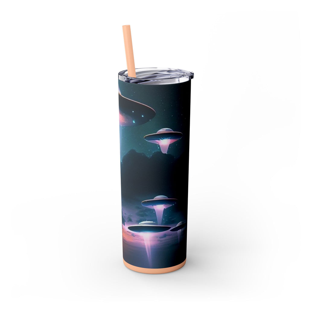 Cosmic Alien Skinny Tumbler with Straw, 20oz | Space Drinkware, Gift for Sci-Fi Lovers, Unique Cup for Outdoor Events, UFO Enthusiasts
