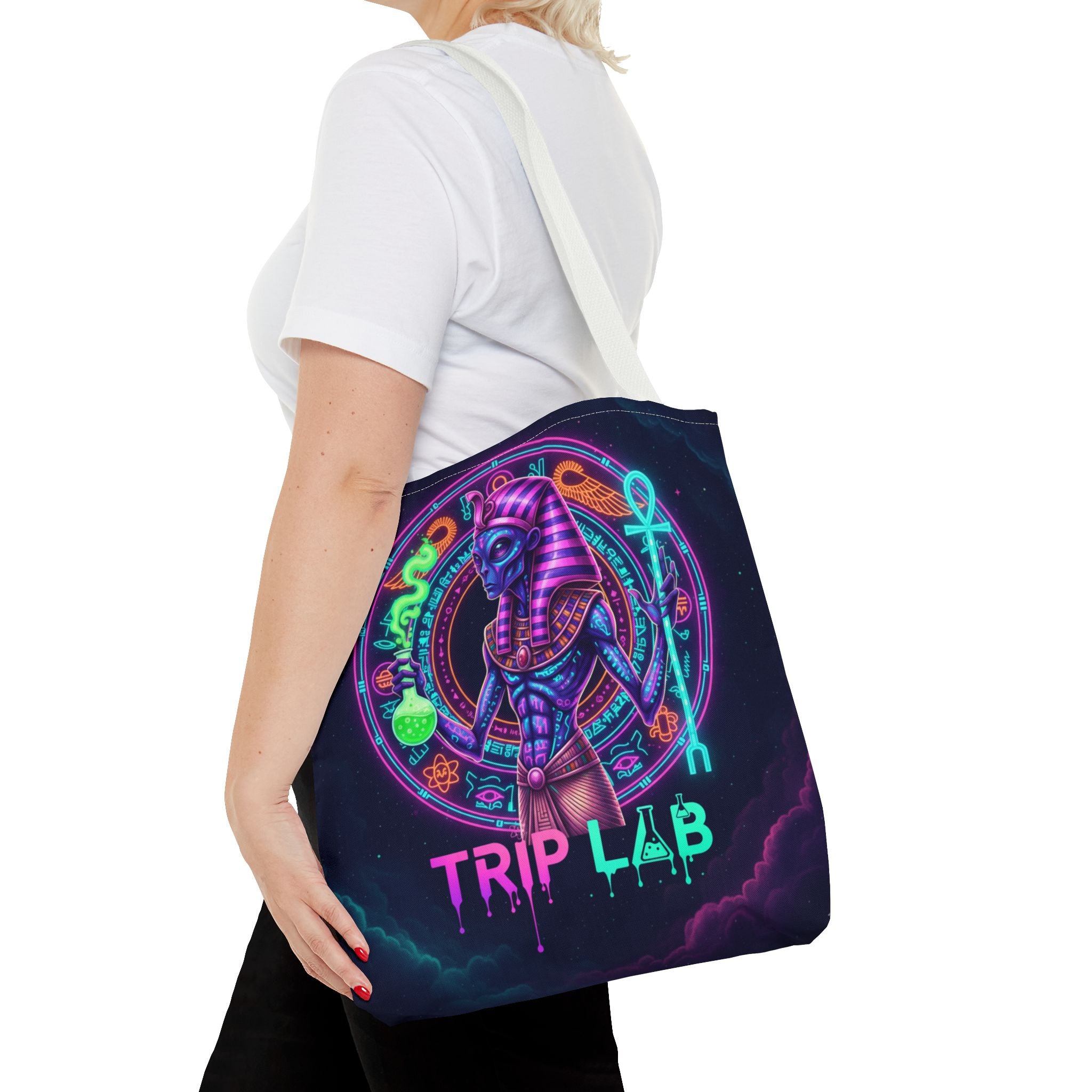 Psychedelic Trip Lab Tote Bag — Neon Ancient-Egypt Anubis All-Over Print