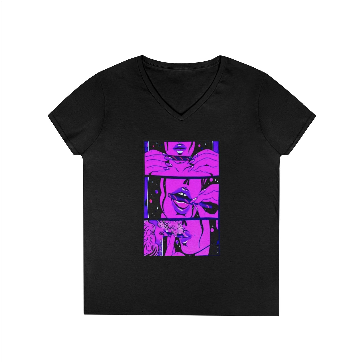 Vibrant Graphic Ladies' V-Neck T-Shirt - Trendy Art Design