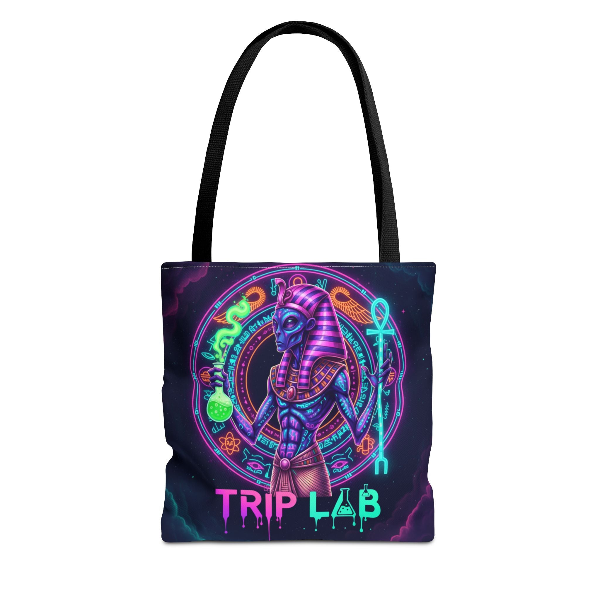 Psychedelic Trip Lab Tote Bag — Neon Ancient-Egypt Anubis All-Over Print