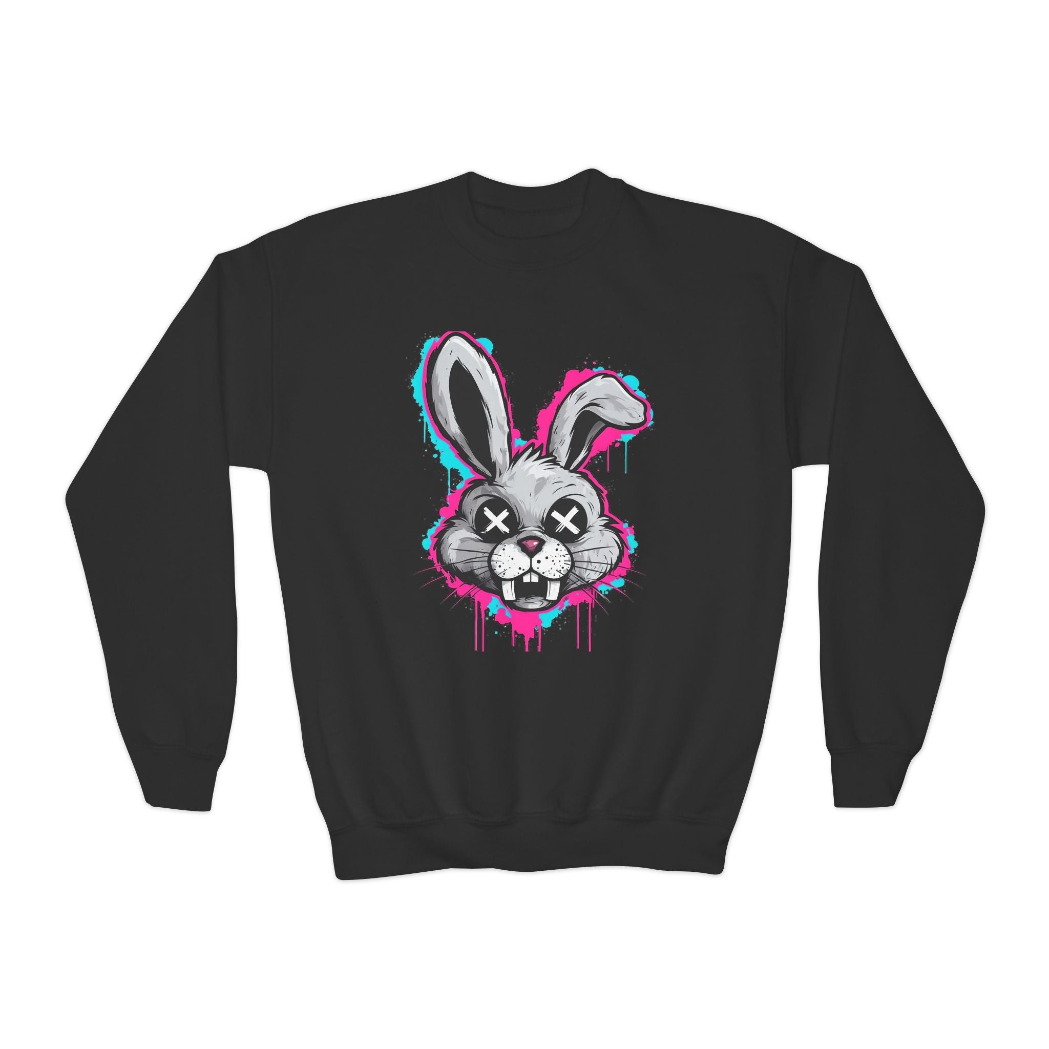 Cool Graffiti Bunny Youth Sweatshirt, Hipster Crewneck, Street Art Apparel, Gift for Kids, Fun Casual Wear, Comfy and Stylish
