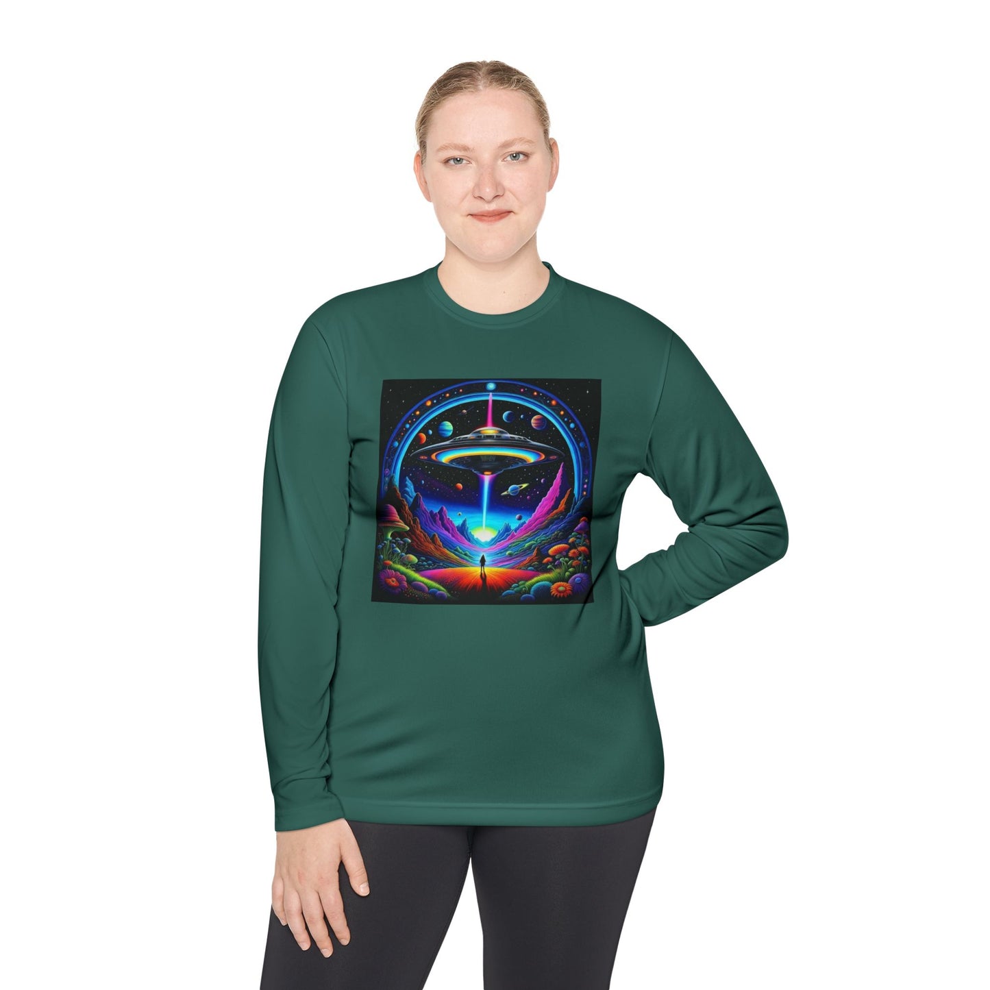 Cosmic Adventure Long Sleeve Tee | Unisex Lightweight Tee, UFO Graphic Shirt, Perfect for Festivals, Gifts, and Everyday Wear