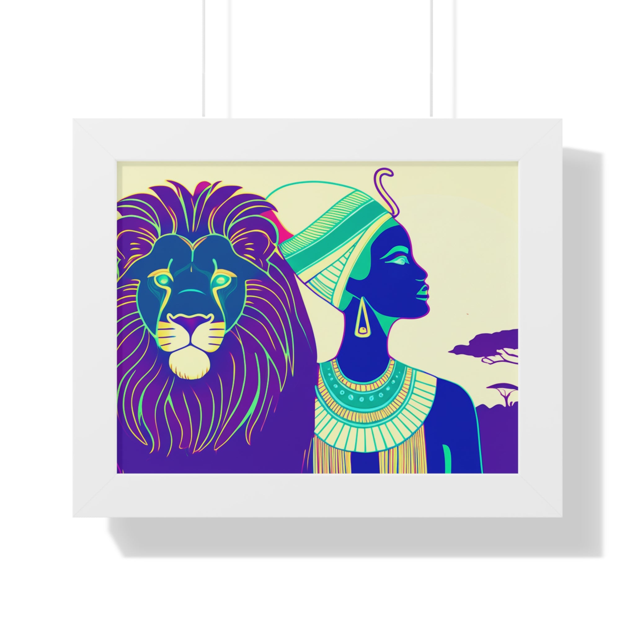 African Royalty Framed Horizontal Poster, Home Decor, Wall Art, Gift for Her, Bohemian Style, Lion and Queen Design