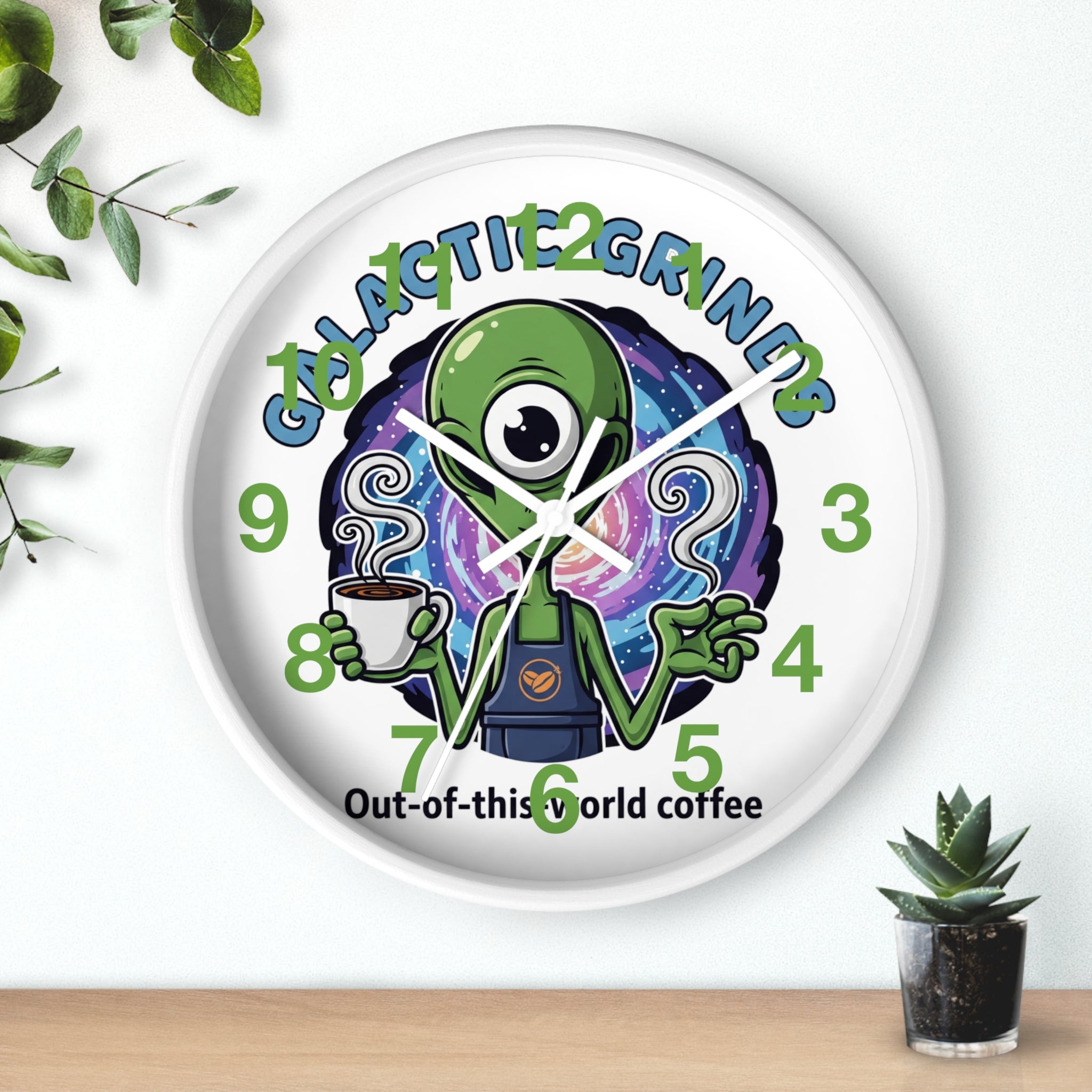 Out-of-This-World Alien Wall Clock | Galactic Grinds Decor | Fun Unique Timepiece for Coffee Lovers | Playful Gift Idea | Space Theme Home