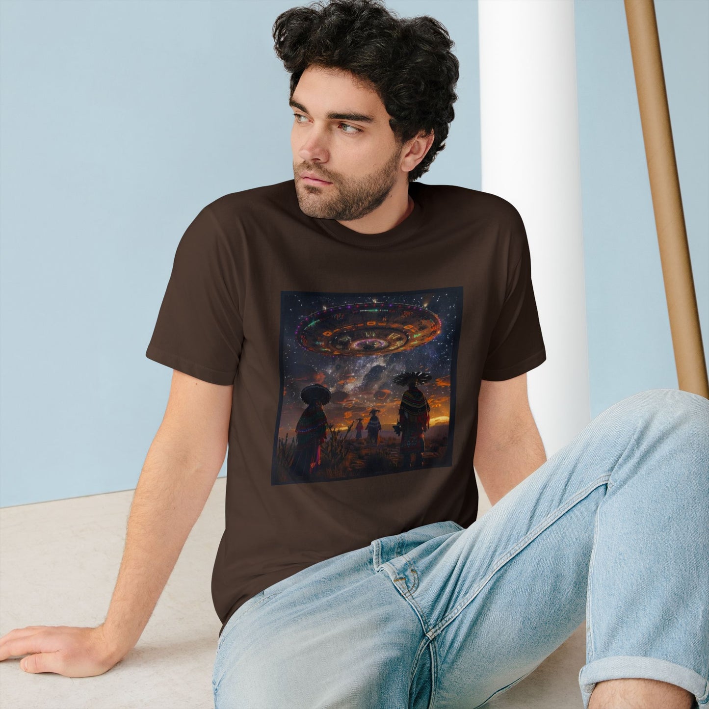 Cosmic Alien Encounter T-Shirt, Unisex Graphic Tee, Space Themed Shirt, Festival Wear, Unique Gift for Sci-Fi Lovers, Bohemian Style