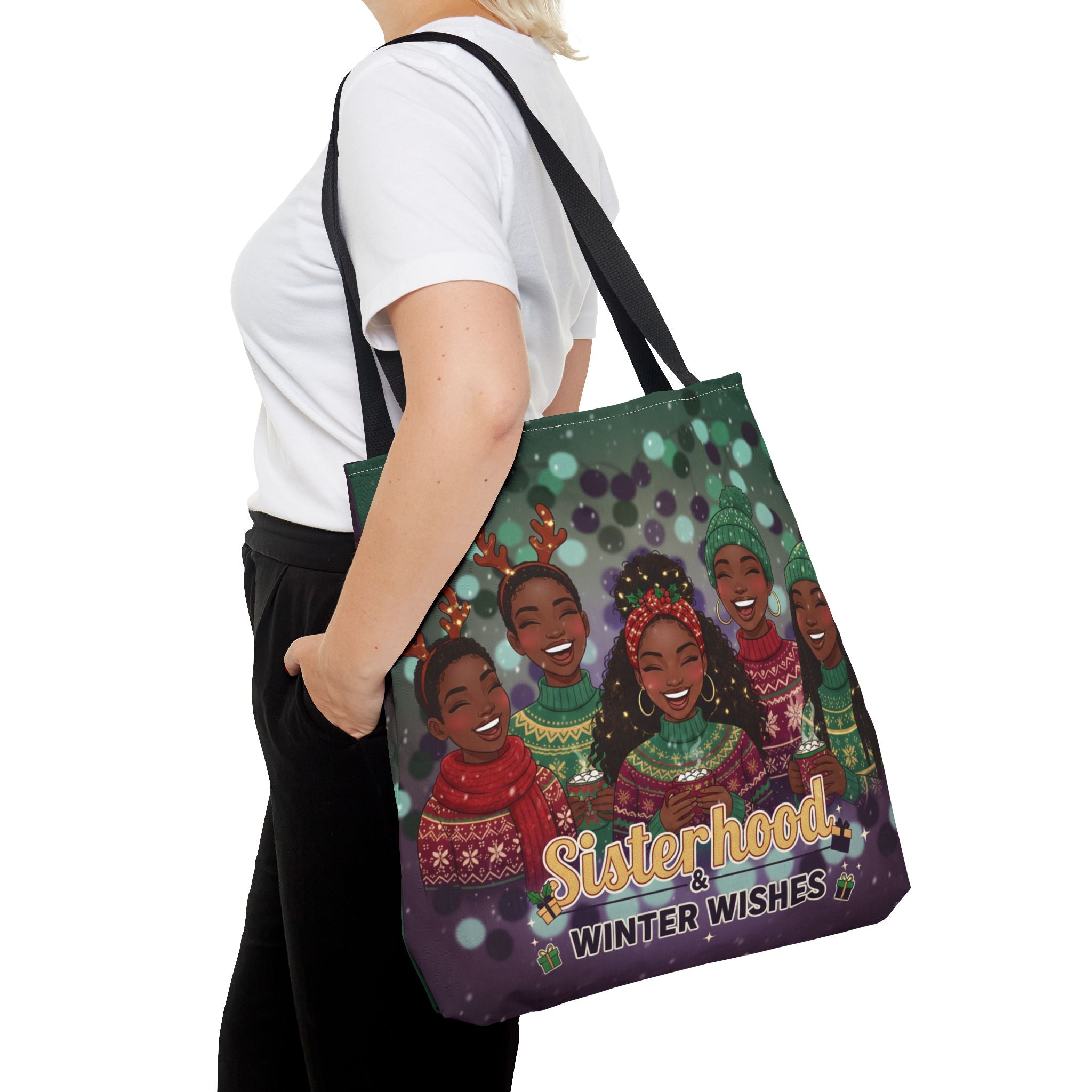 Sisterhood Winter Wishes Holiday Tote Bag — Festive Afrocentric Christmas Market Bag