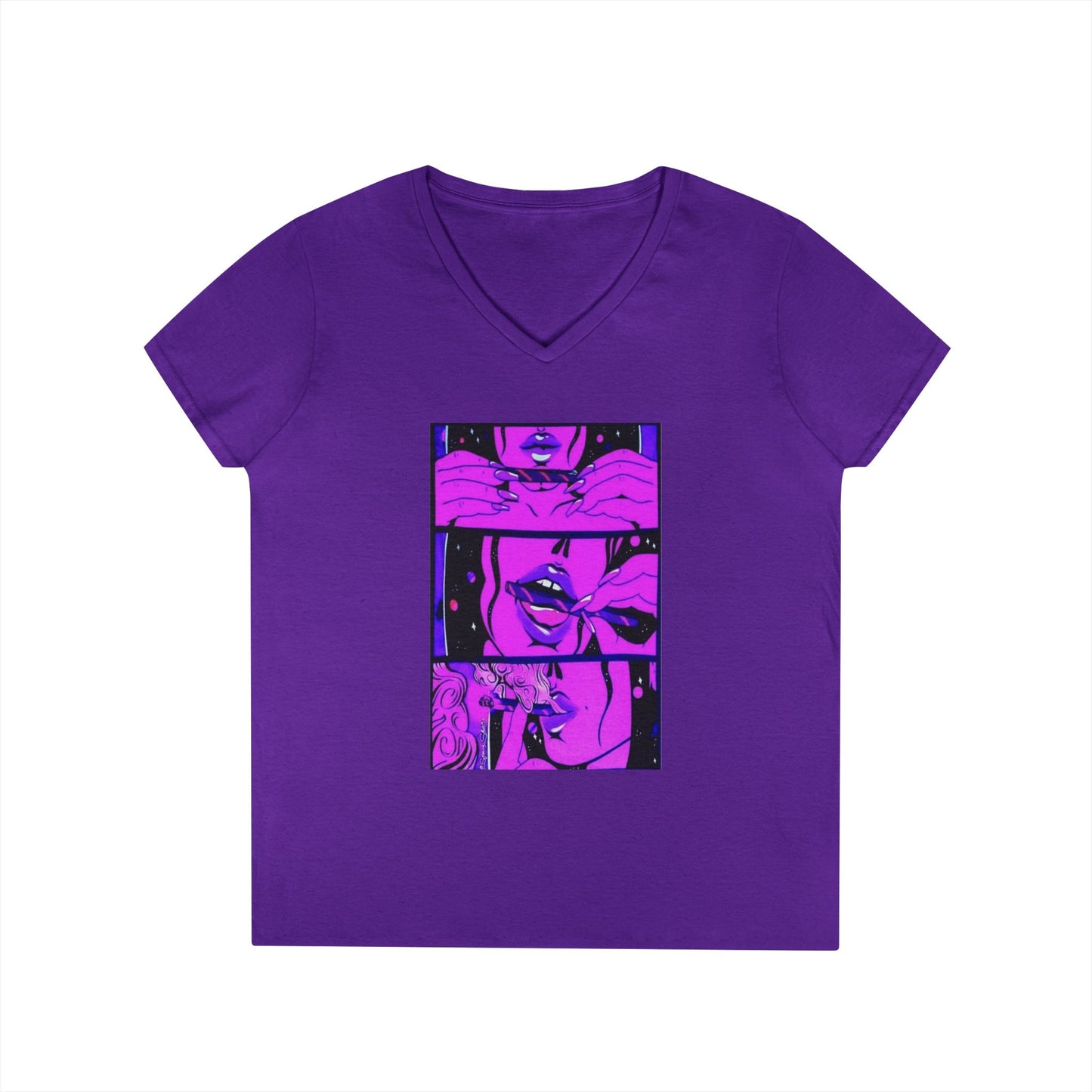 Vibrant Graphic Ladies' V-Neck T-Shirt - Trendy Art Design