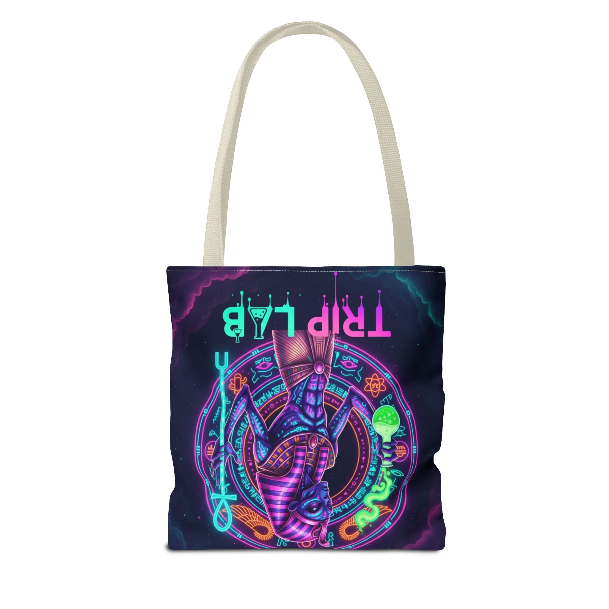Psychedelic Trip Lab Tote Bag — Neon Ancient-Egypt Anubis All-Over Print