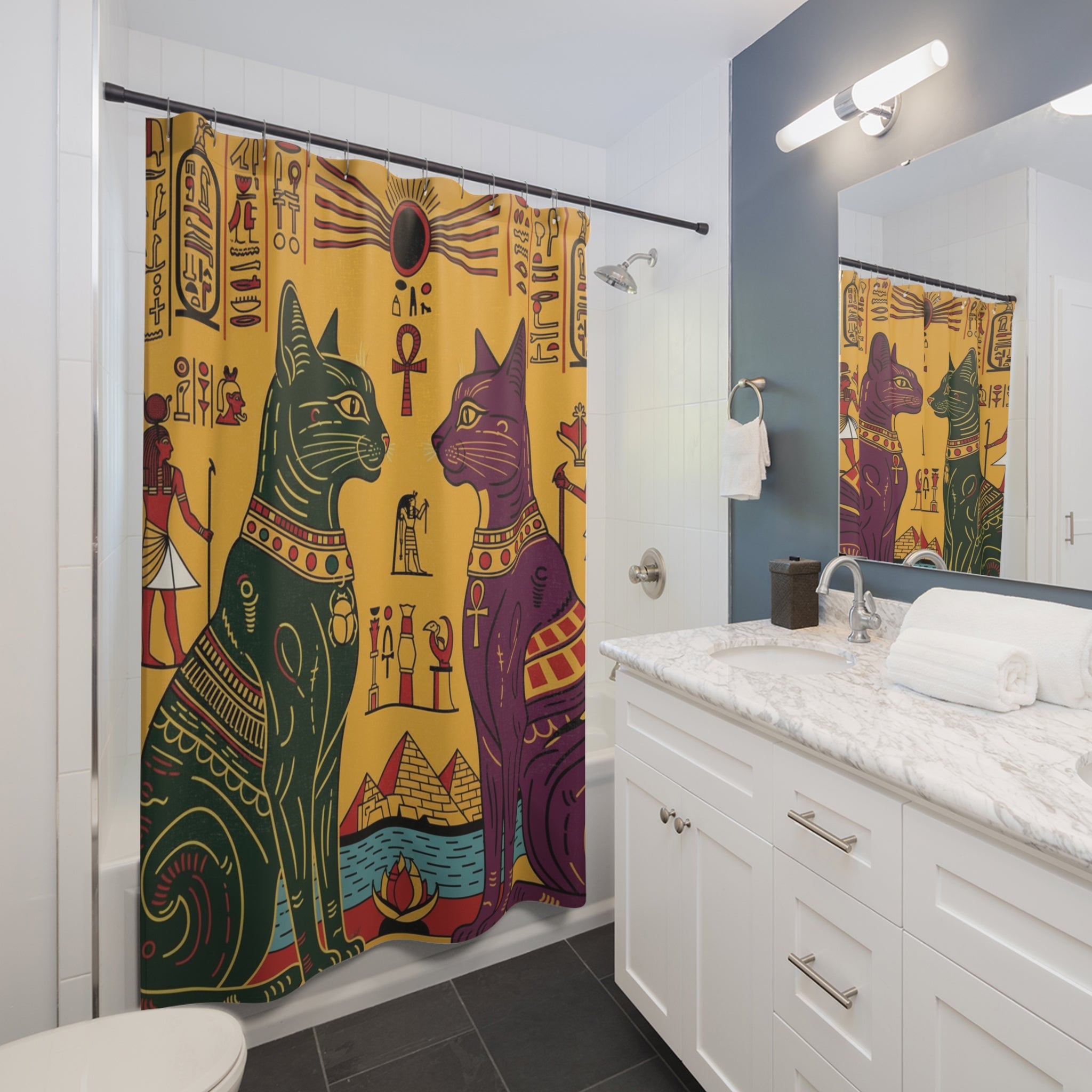 Egyptian Cats Shower Curtain, Boho Bathroom Decor, Unique Gift for Cat Lovers, Colorful Home Accent, Ancient Egyptian Style