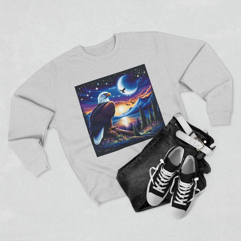 Nature-Inspired Unisex Crewneck Sweatshirt with Eagle & Moon Design, Cozy Sweatshirt for Nature Lovers, Perfect Gift for Birthdays, Outdoor
