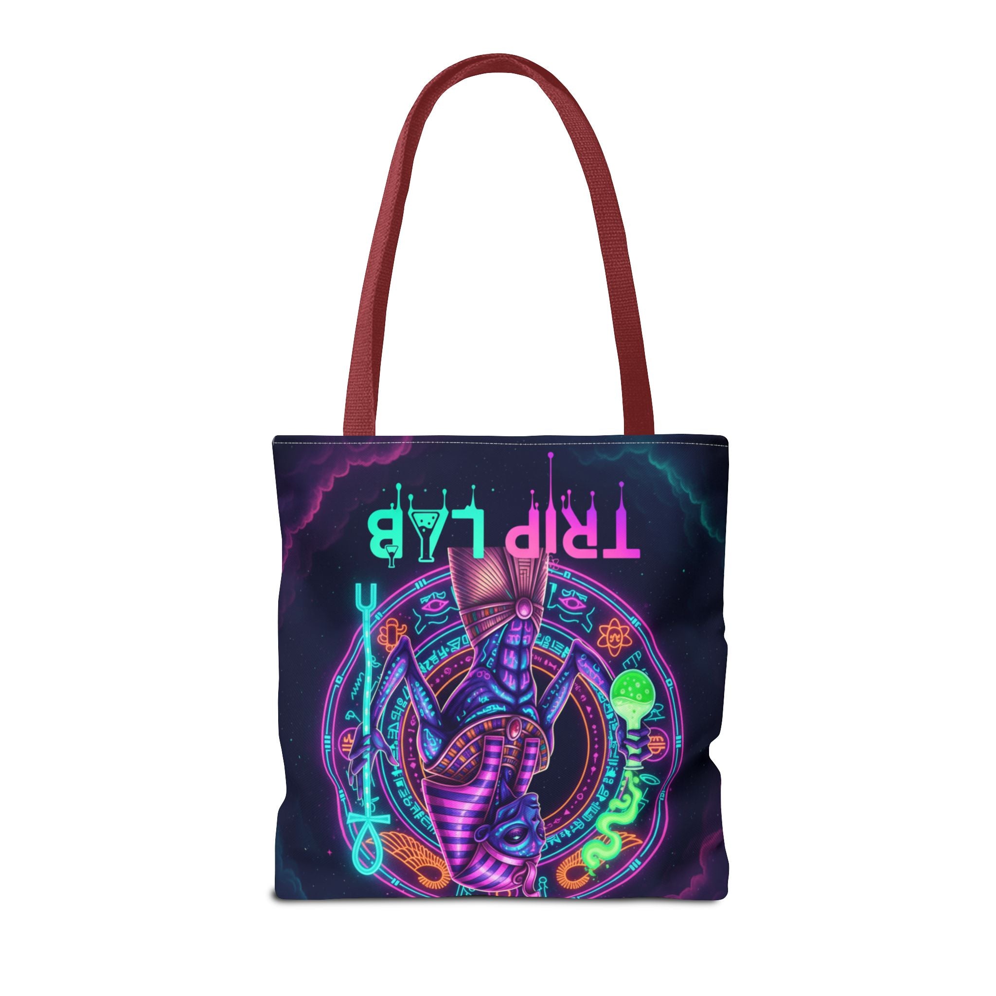 Psychedelic Trip Lab Tote Bag — Neon Ancient-Egypt Anubis All-Over Print