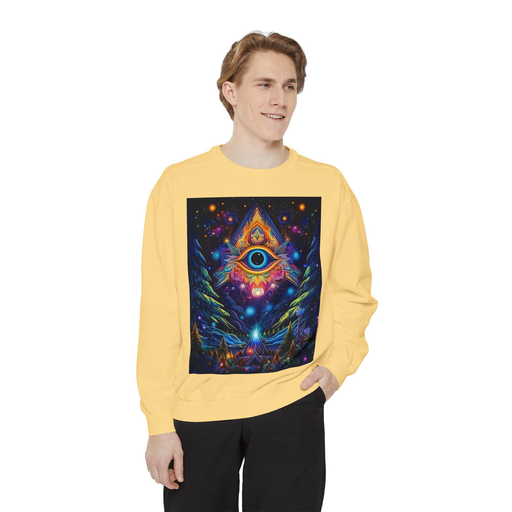 Cosmic Eye Unisex Garment-Dyed Sweatshirt, Psychedelic Sweatshirt, Spiritual Apparel, Gift for Nature Lovers, Festival Clothing, Comfortable