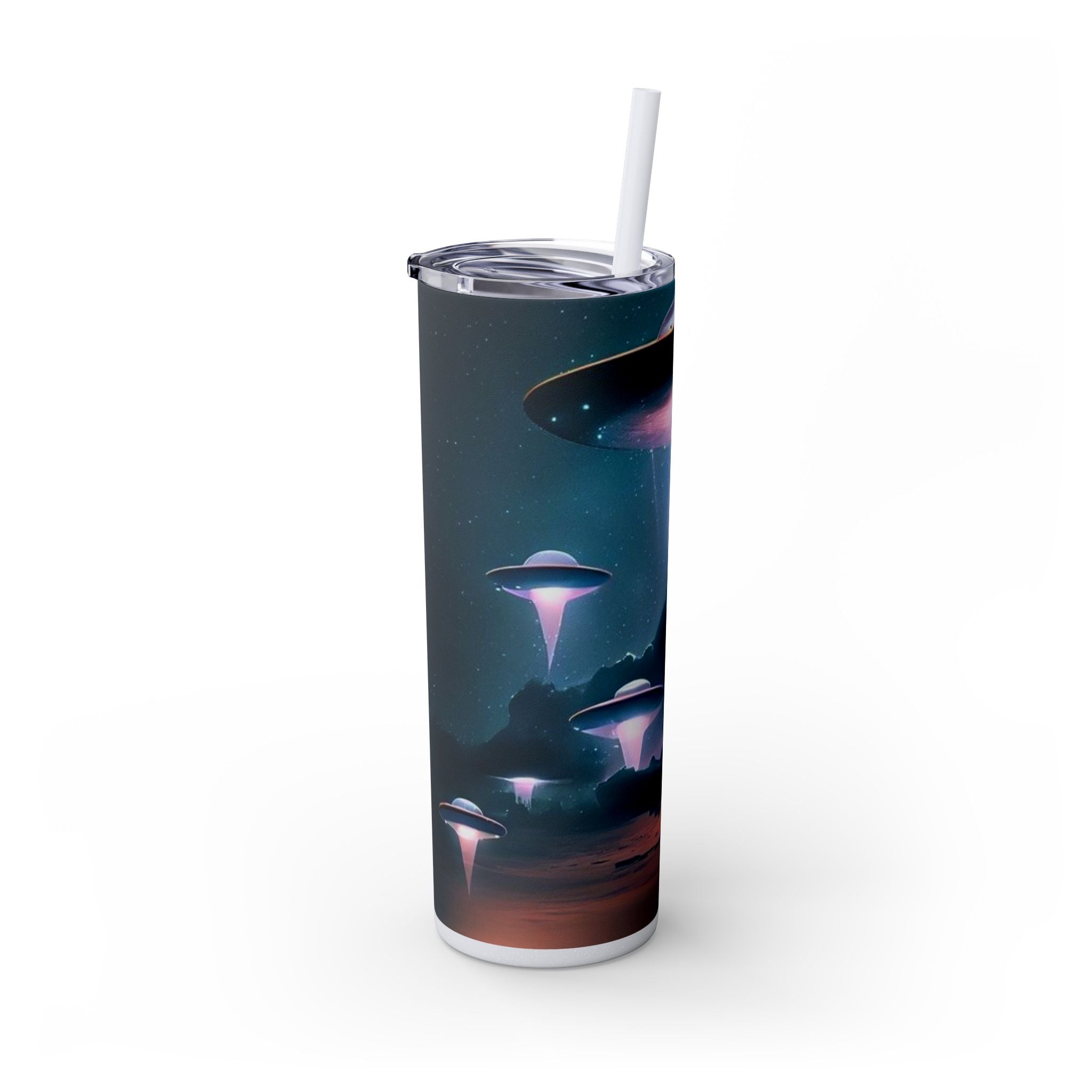 Cosmic Alien Skinny Tumbler with Straw, 20oz | Space Drinkware, Gift for Sci-Fi Lovers, Unique Cup for Outdoor Events, UFO Enthusiasts