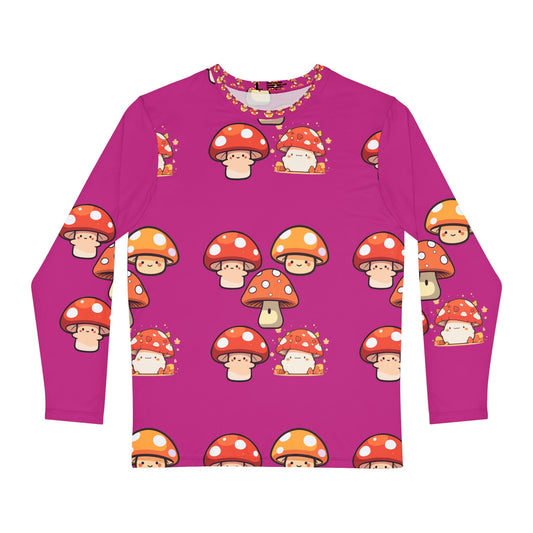 Mushroom Print Long Sleeve Shirt, Cute AOP Tee for Nature Lovers, Gift for Festivals, Unique Style for Casual Wear, Retro Vibes