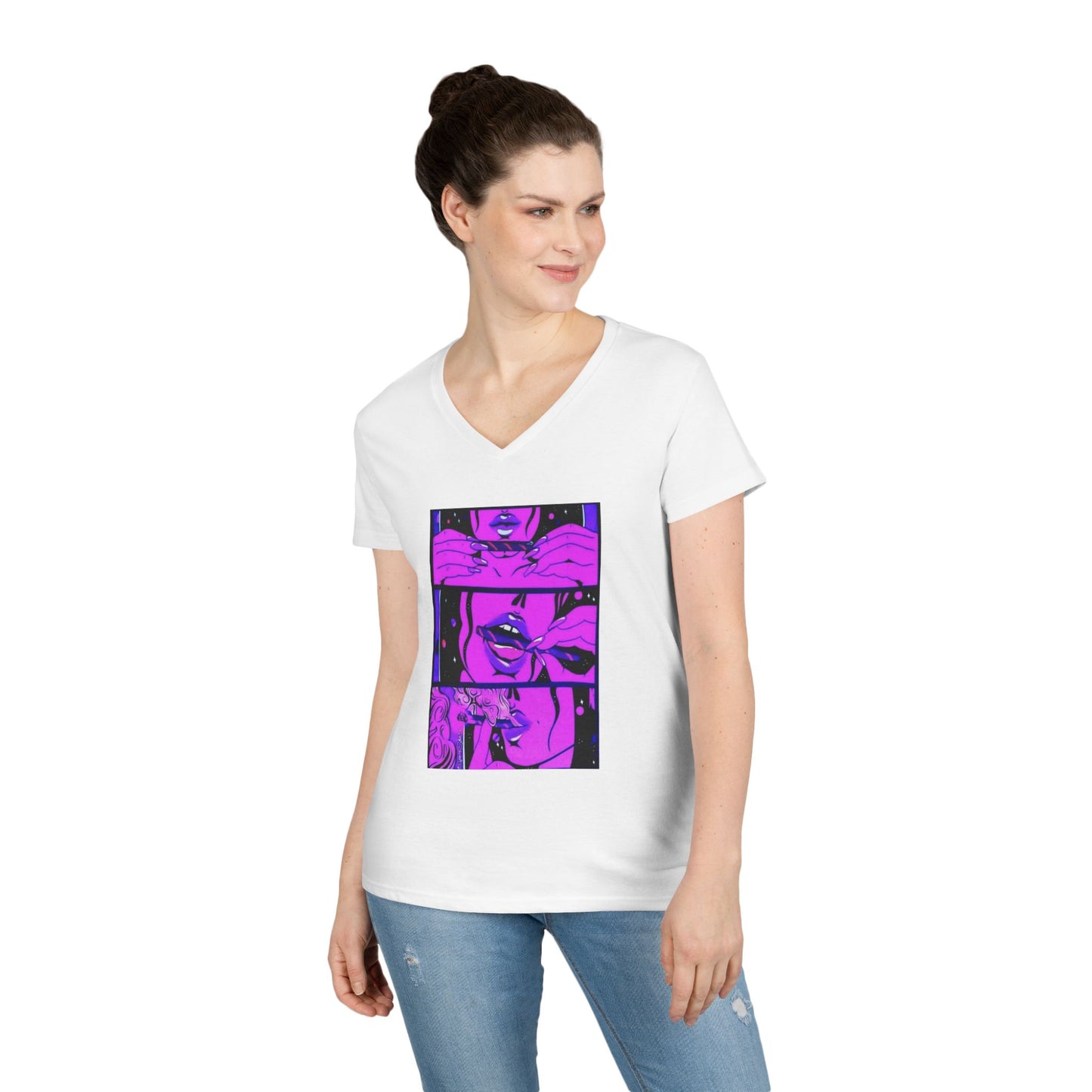 Vibrant Graphic Ladies' V-Neck T-Shirt - Trendy Art Design