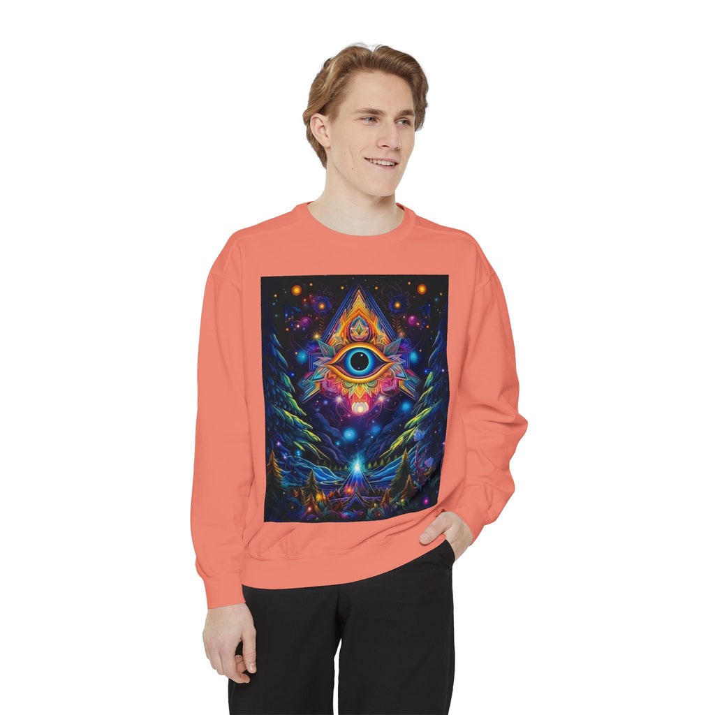 Cosmic Eye Unisex Garment-Dyed Sweatshirt, Psychedelic Sweatshirt, Spiritual Apparel, Gift for Nature Lovers, Festival Clothing, Comfortable