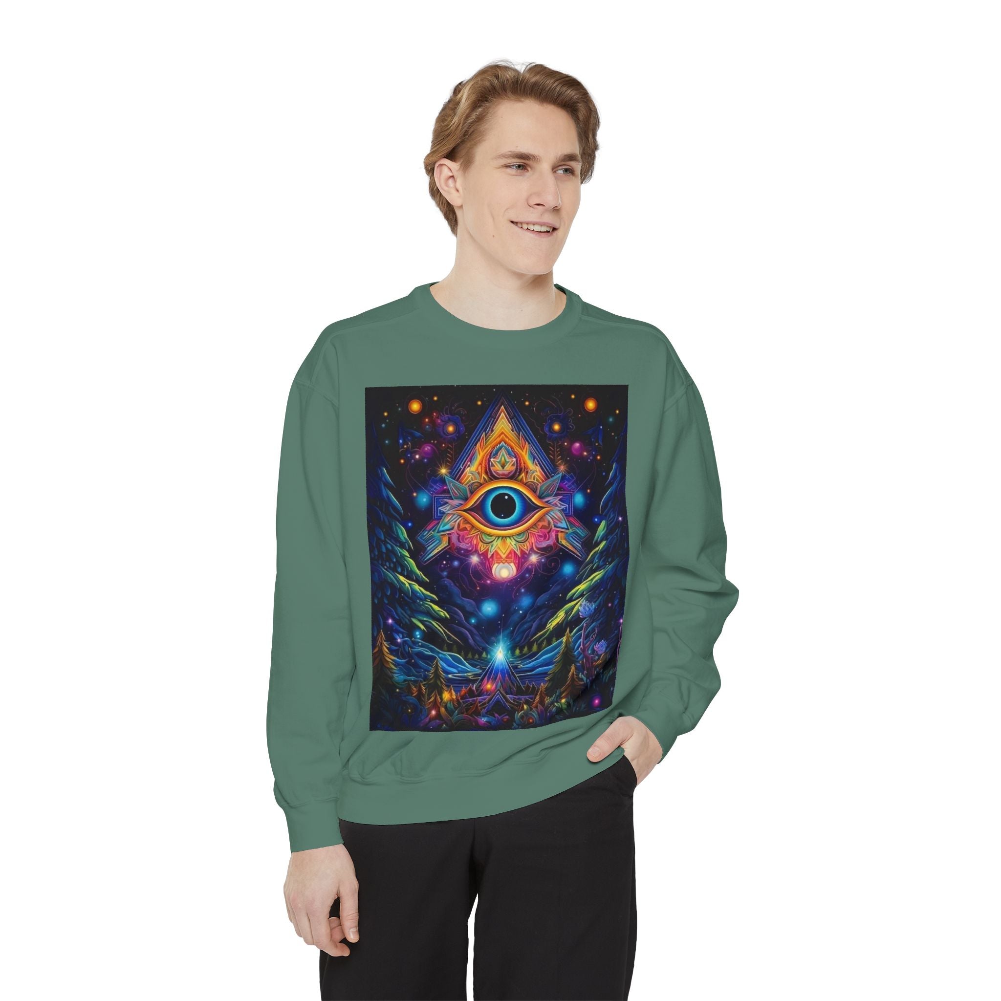Cosmic Eye Unisex Garment-Dyed Sweatshirt, Psychedelic Sweatshirt, Spiritual Apparel, Gift for Nature Lovers, Festival Clothing, Comfortable