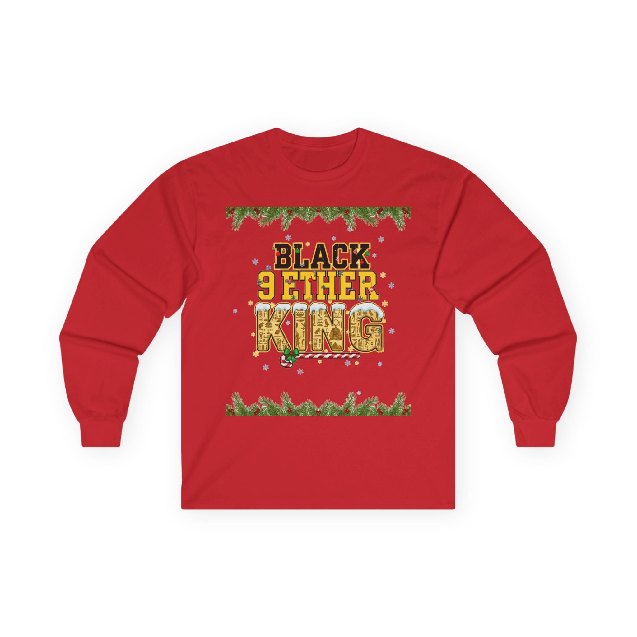 Long Sleeve Tee — "Black 9ether King" Holiday Graphic with Pine Garland