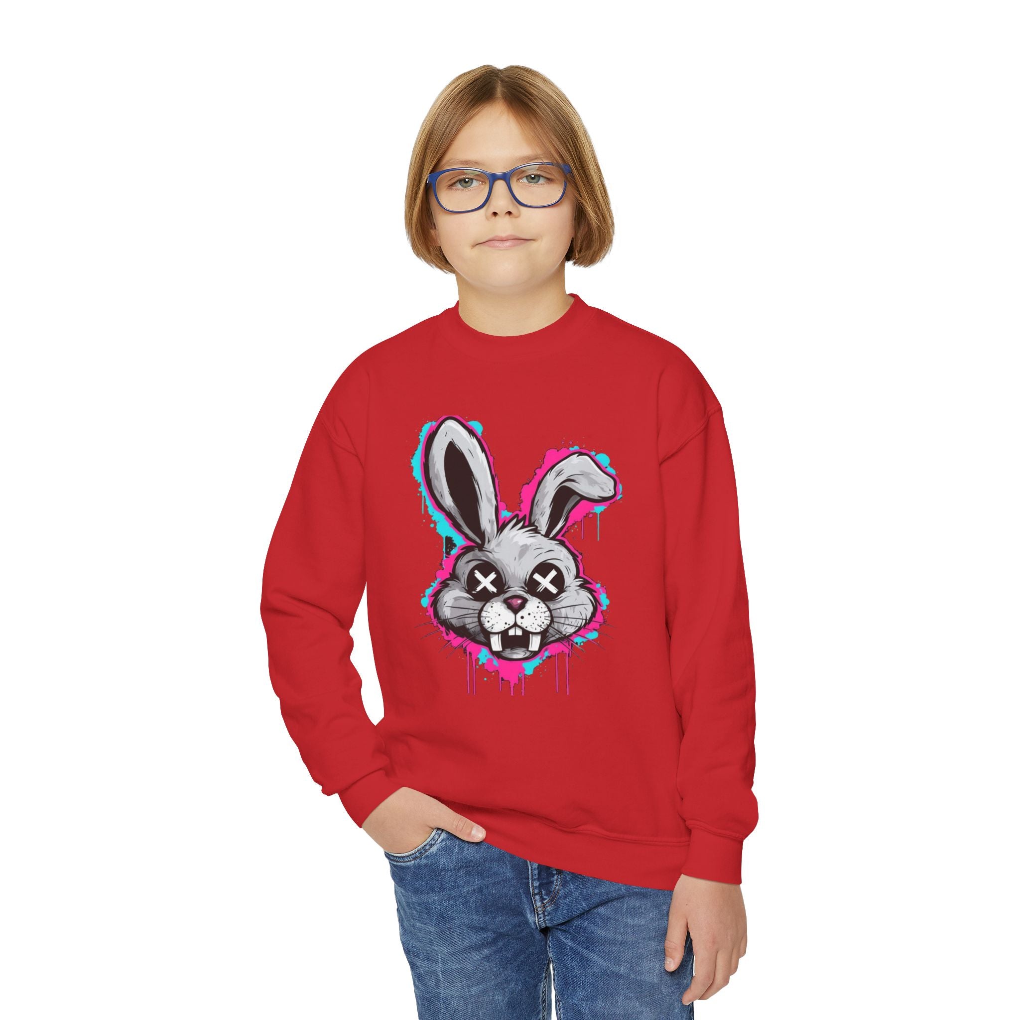Cool Graffiti Bunny Youth Sweatshirt, Hipster Crewneck, Street Art Apparel, Gift for Kids, Fun Casual Wear, Comfy and Stylish