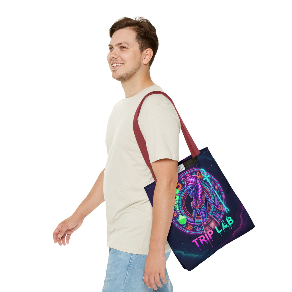 Psychedelic Trip Lab Tote Bag — Neon Ancient-Egypt Anubis All-Over Print