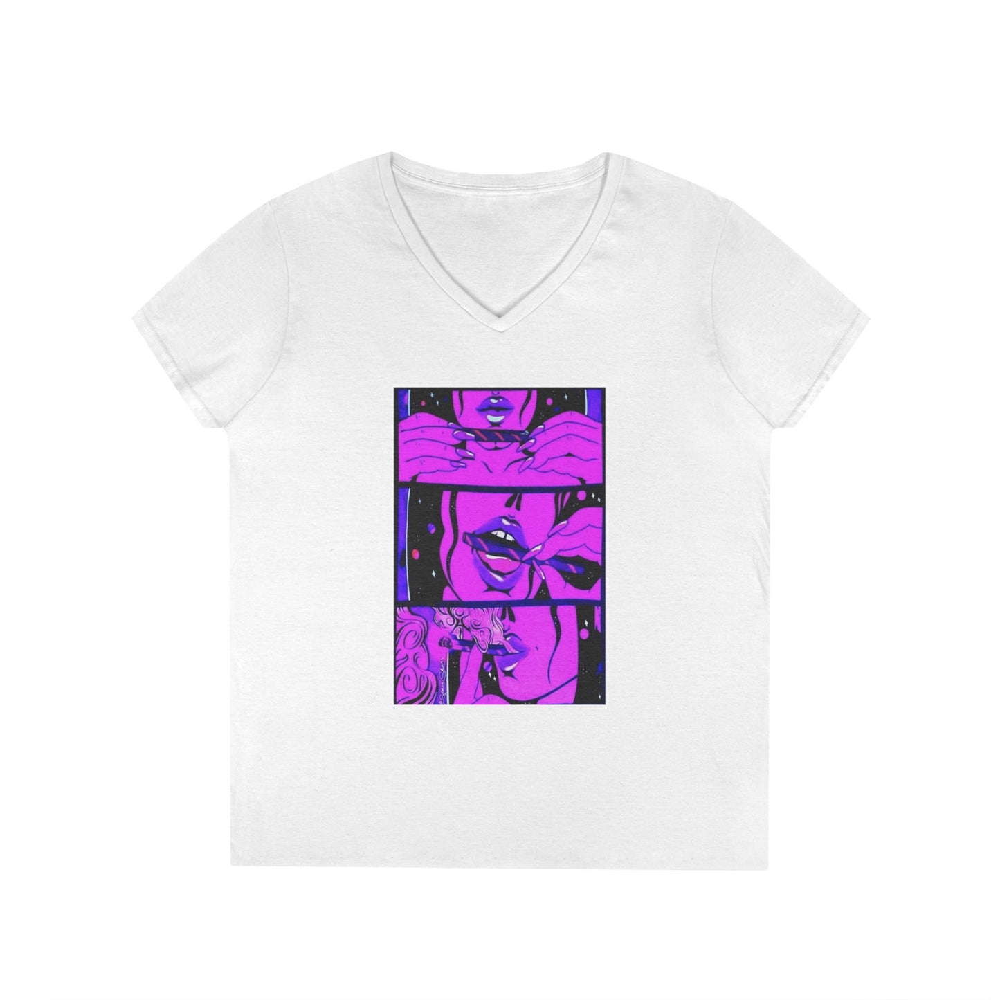 Vibrant Graphic Ladies' V-Neck T-Shirt - Trendy Art Design