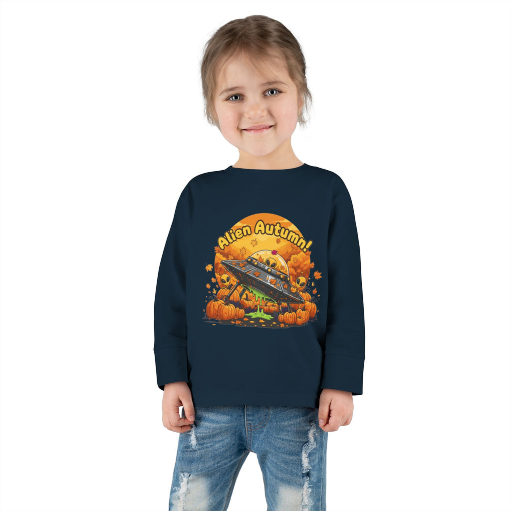Toddler Long Sleeve Tee - Alien Autumn Adventure, Cute Kids Fall Shirt, Halloween Gift, Fun Toddler Shirt, Fall Fashion for Kids