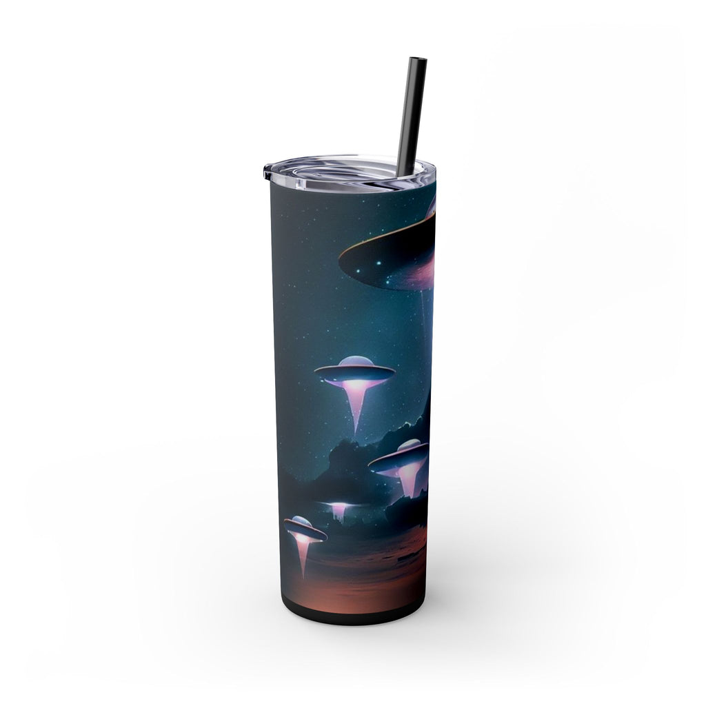 Cosmic Alien Skinny Tumbler with Straw, 20oz | Space Drinkware, Gift for Sci-Fi Lovers, Unique Cup for Outdoor Events, UFO Enthusiasts